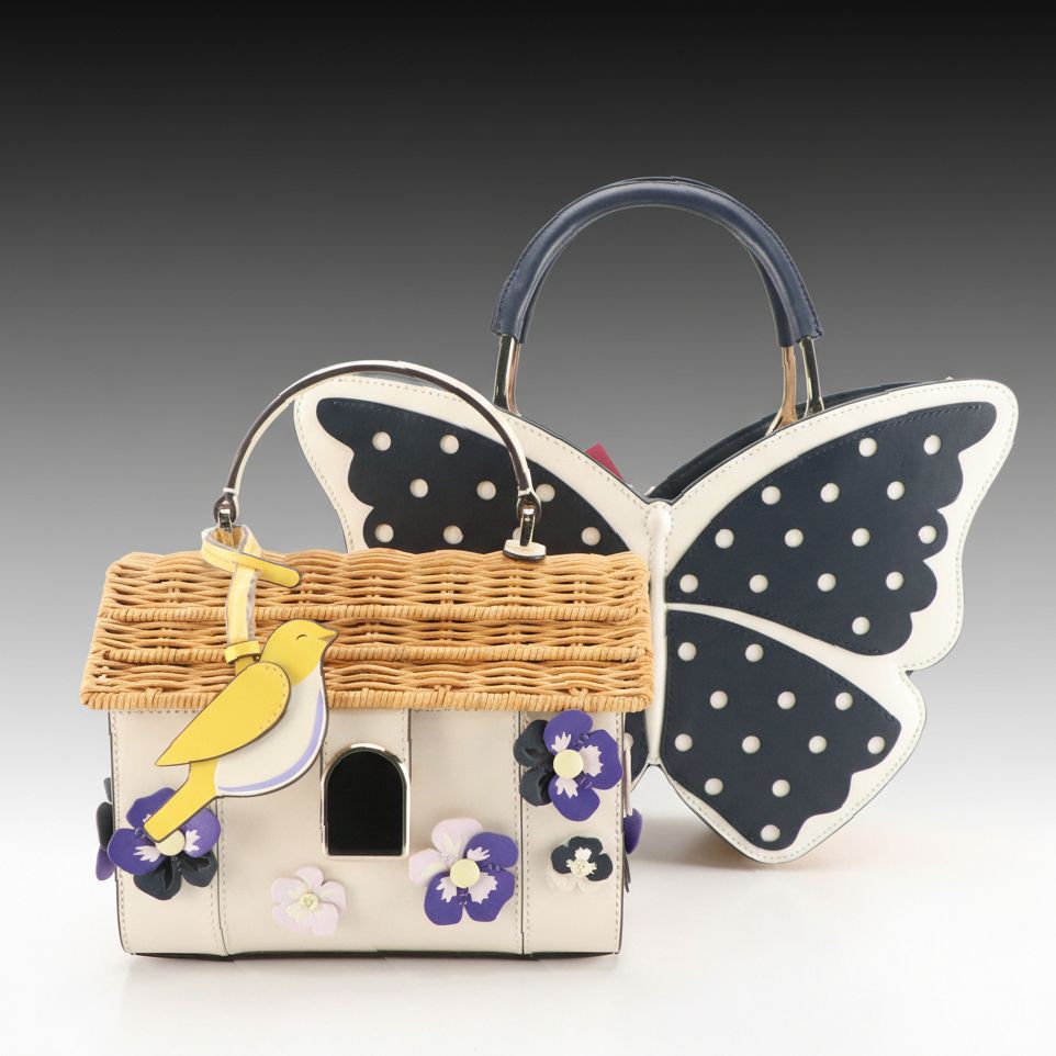 Kate Spade Wing It Polka Dot Wicker Butterfly and Wicker Birdhouse Two-Way Bags