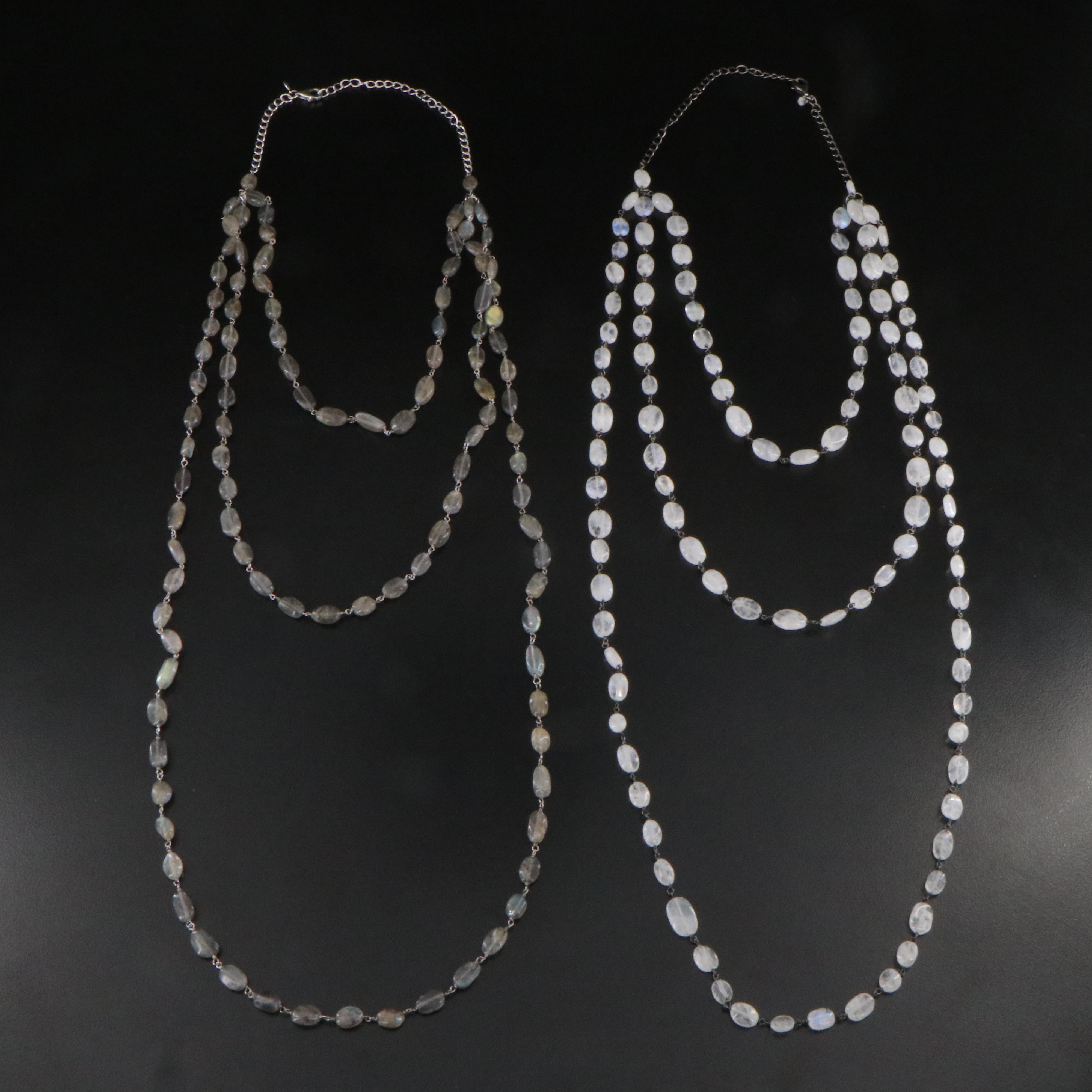 Sterling Tiered Labradorite and Rainbow Moonstone Necklaces