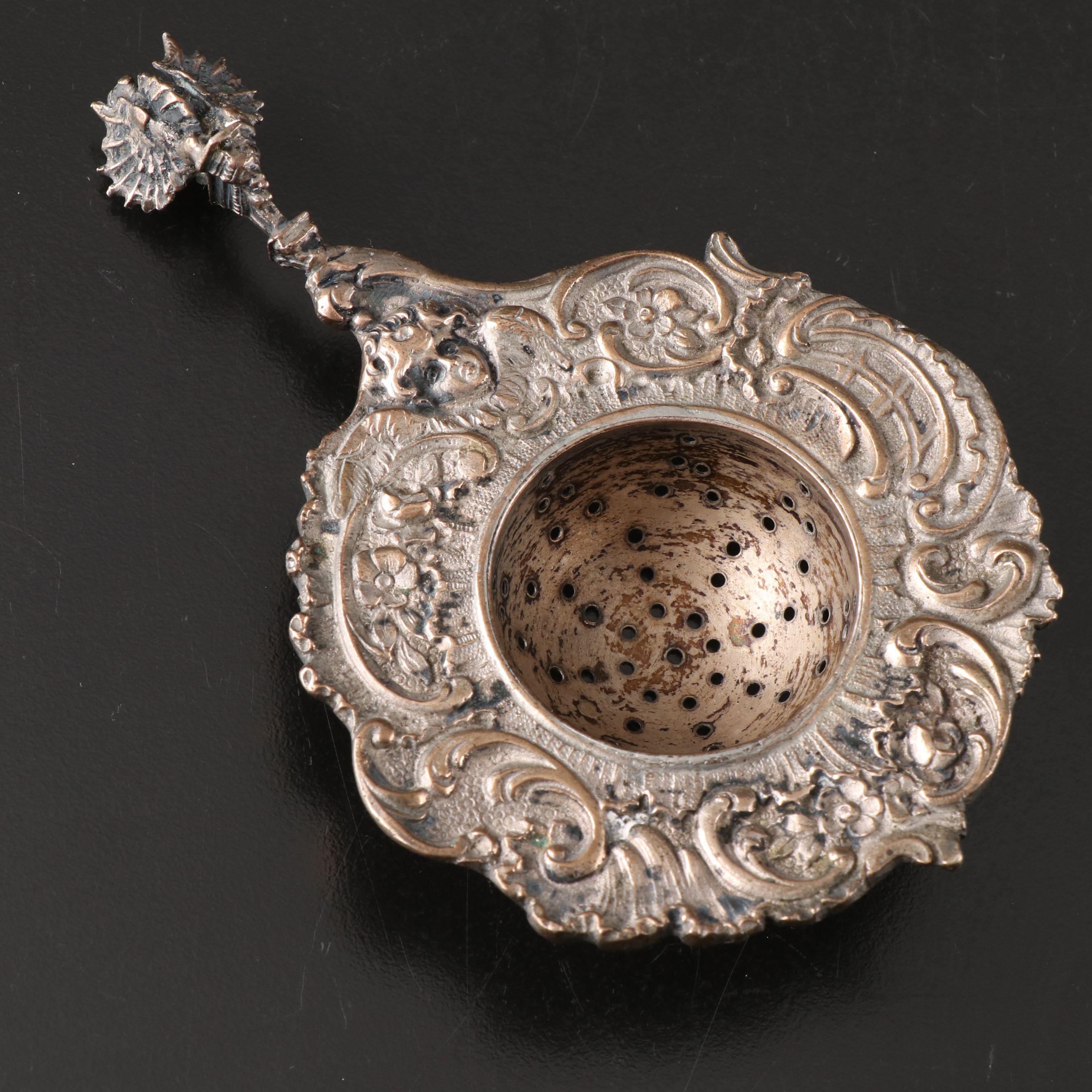 European Baroque Revival 800 Silver Tea Strainer, 19th Century