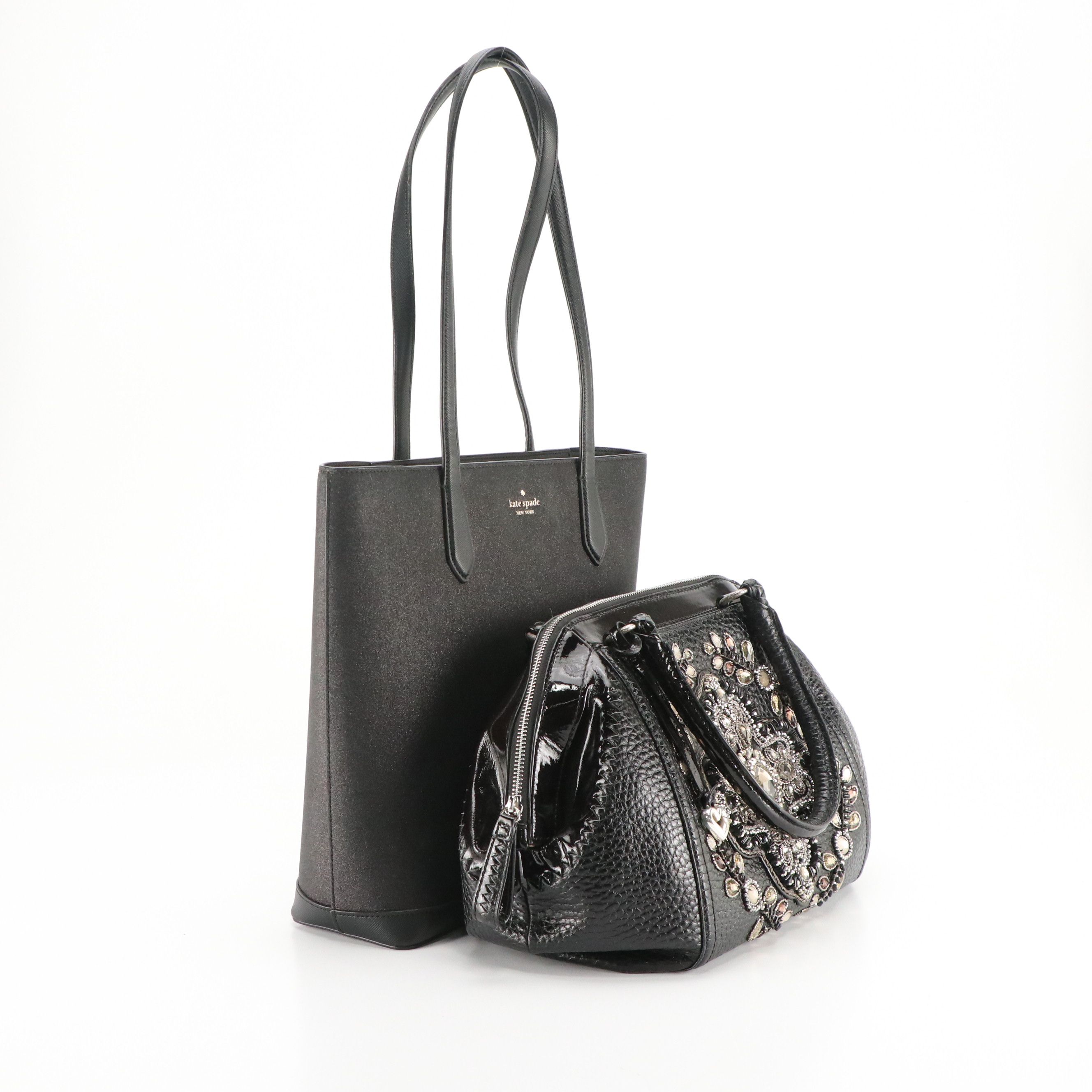 Kate Spade Black Glitter "Tinsel" Tote Bag, Brighton Embellished Leather Bag