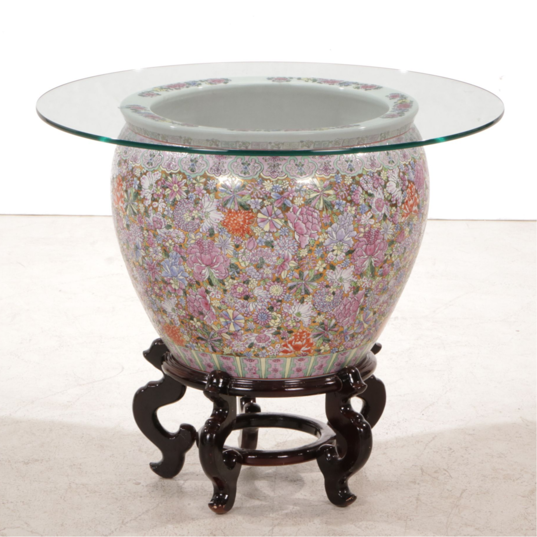 Chinese Ceramic Fishbowl Side Table with Glass Top