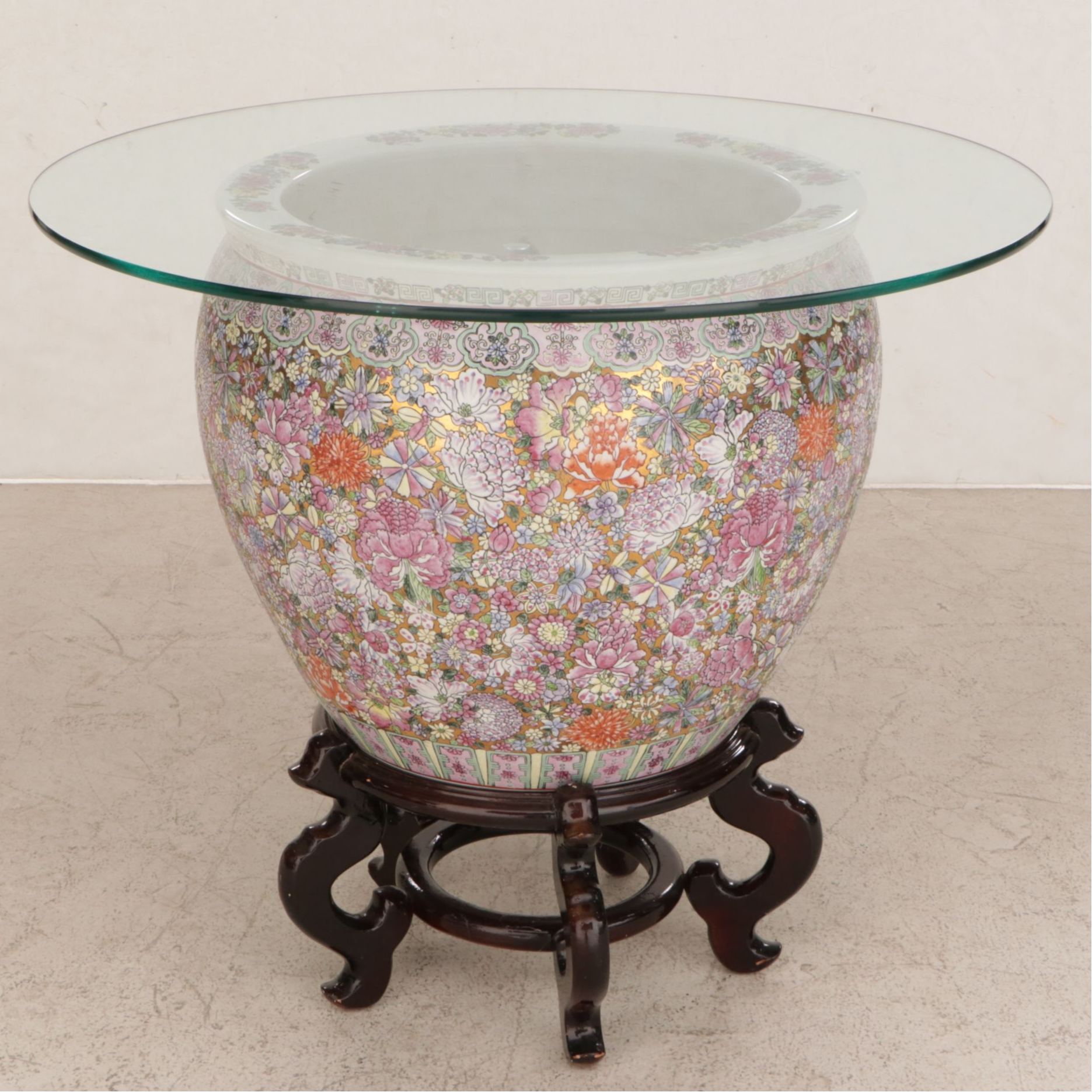 Chinese Ceramic Fishbowl Side Table with Glass Top