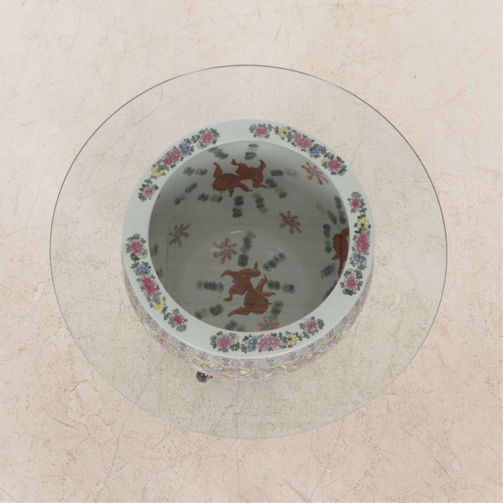 Chinese Ceramic Fishbowl Side Table with Glass Top
