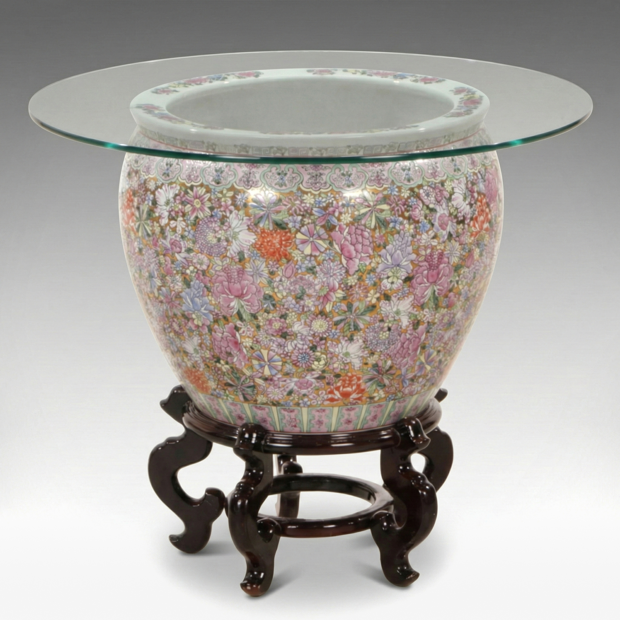 Chinese Ceramic Fishbowl Side Table with Glass Top