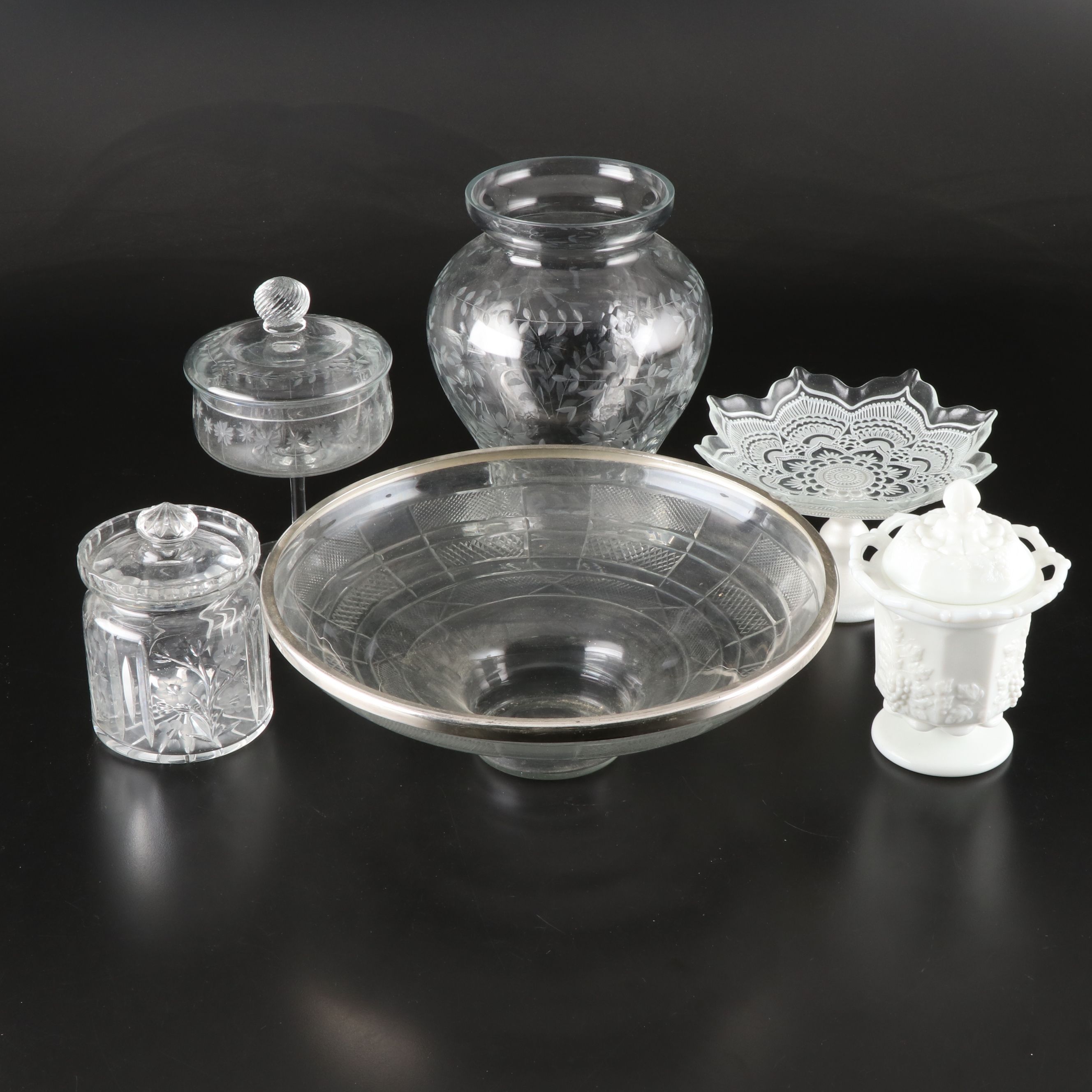 Westmoreland "Paneled Grape" Milk Glass Spooner with More Glass Tableware