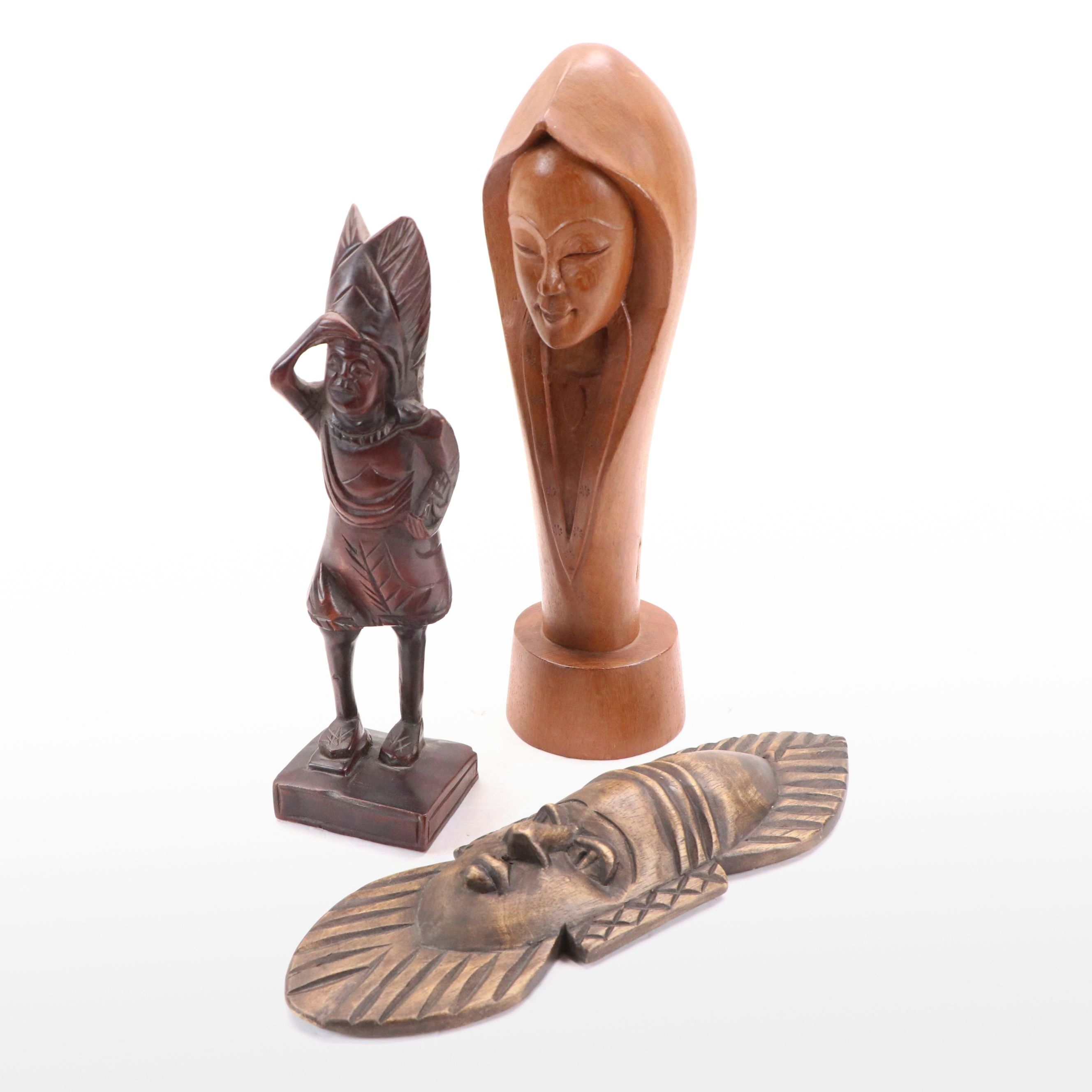 Southeast Asian Hand-Carved Wood Figures and Decorative Wall Mask