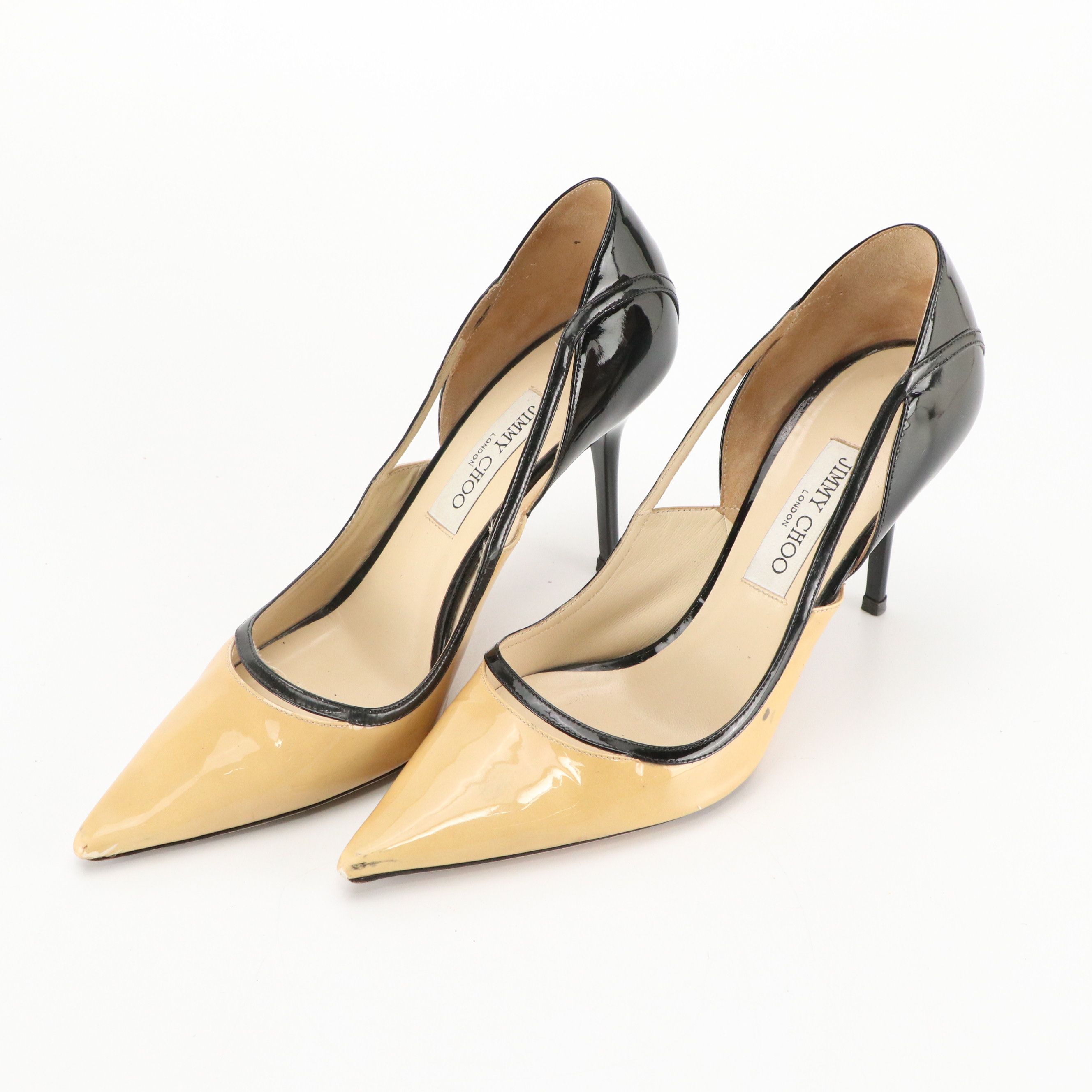 Jimmy Choo Pointed-Toe Cutout Pumps in Bicolor Patent Leather