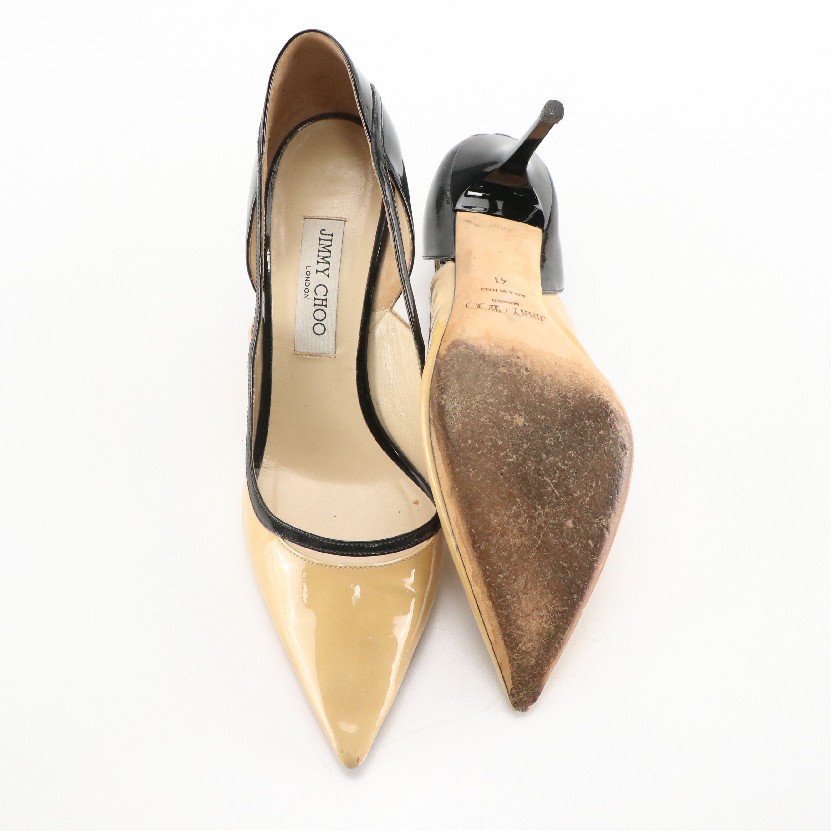 Jimmy Choo Pointed-Toe Cutout Pumps in Bicolor Patent Leather