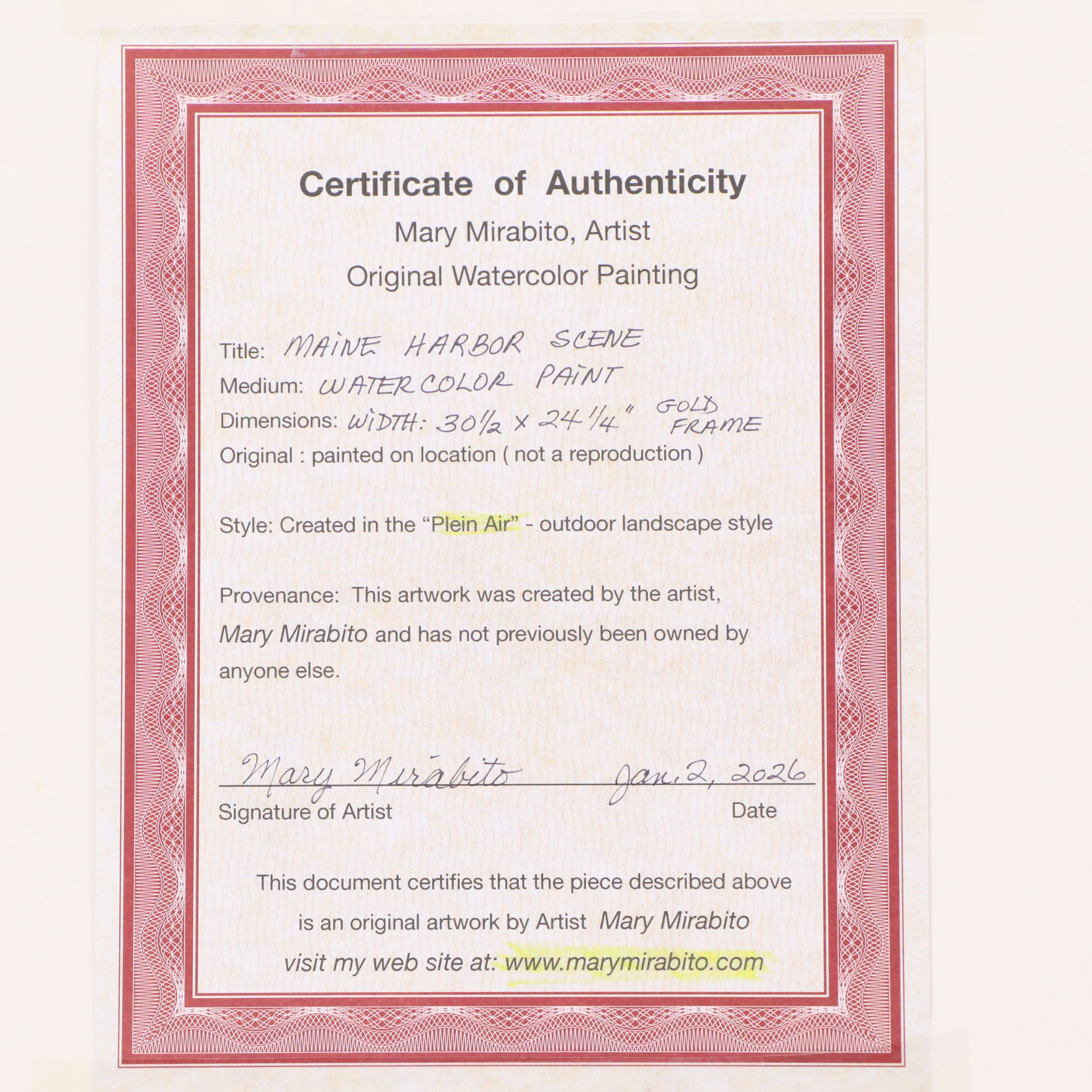 Mary Mirabito Watercolor Painting "Maine Harbor Scene," 2026