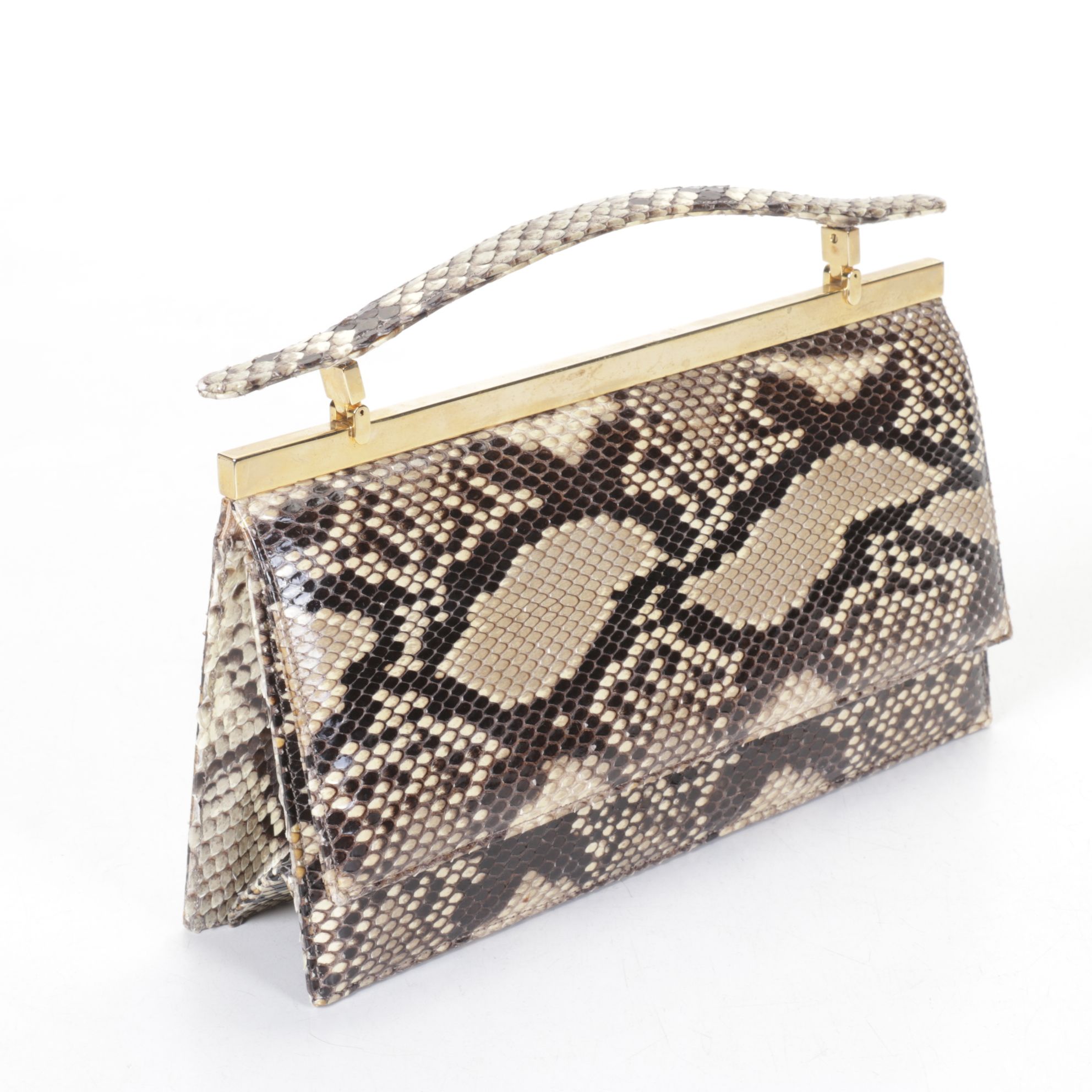 Judith Leiber Snakeskin Python Clutch Handbag with Compact Mirror and Coin Purse