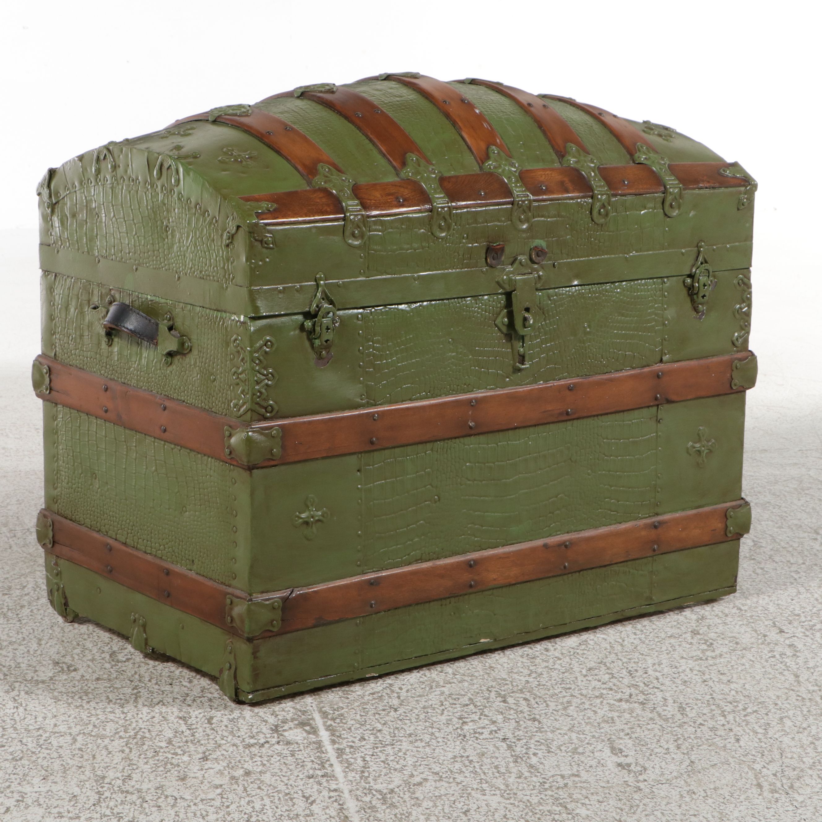 Antique Painted Green Dome-Top Trunk, Late 19th Century