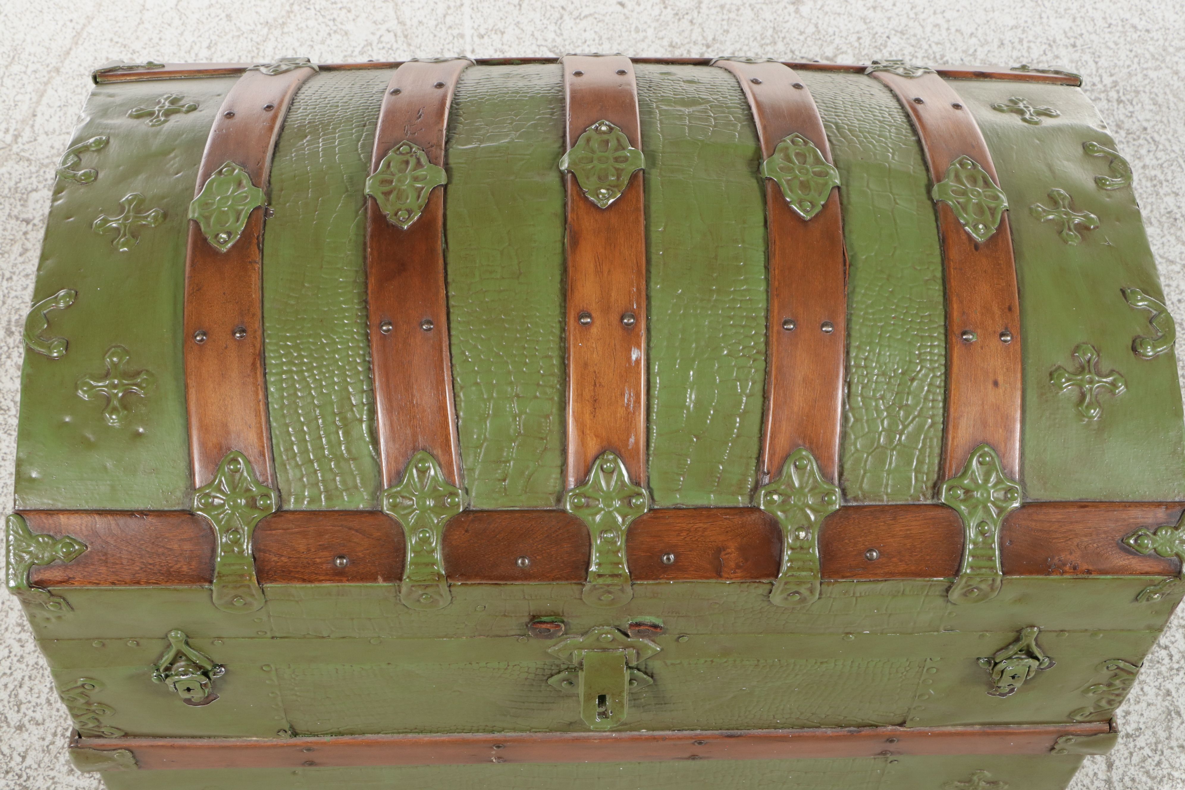 Antique Painted Green Dome-Top Trunk, Late 19th Century