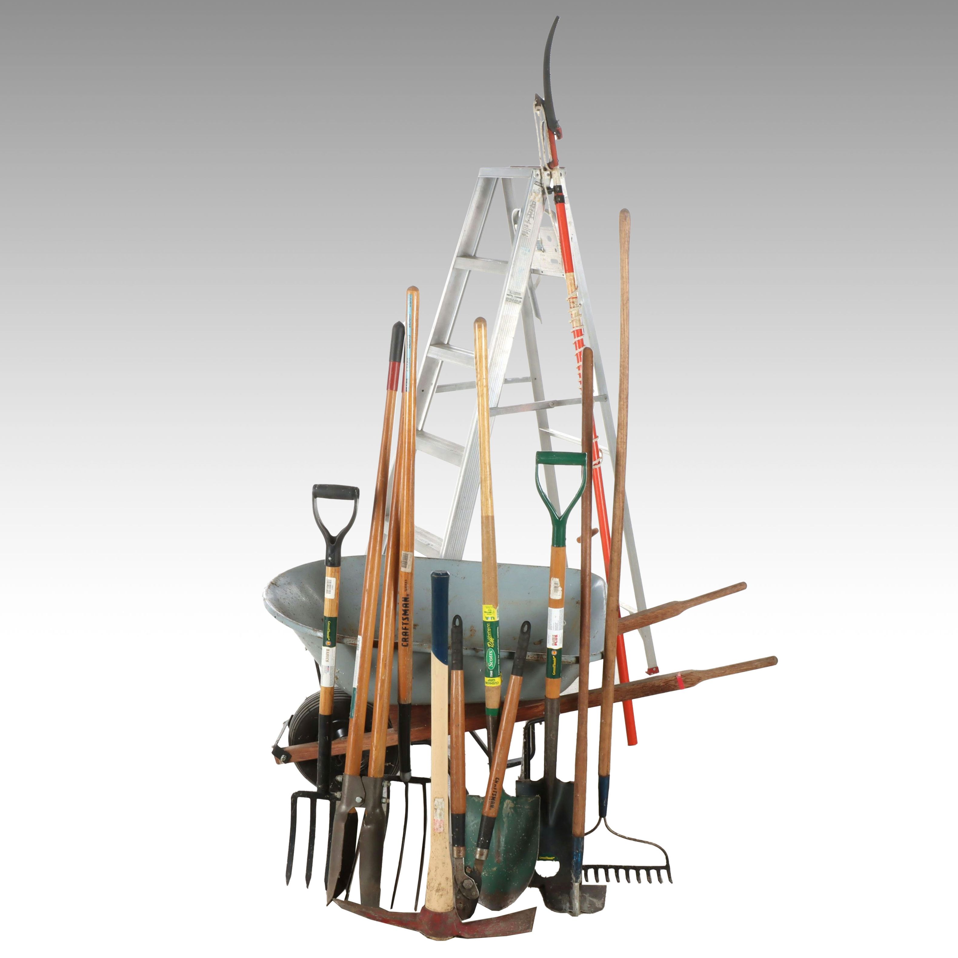 Post Hole Digger, Rakes, Forks and Other Yard Tools with Wheelbarrow