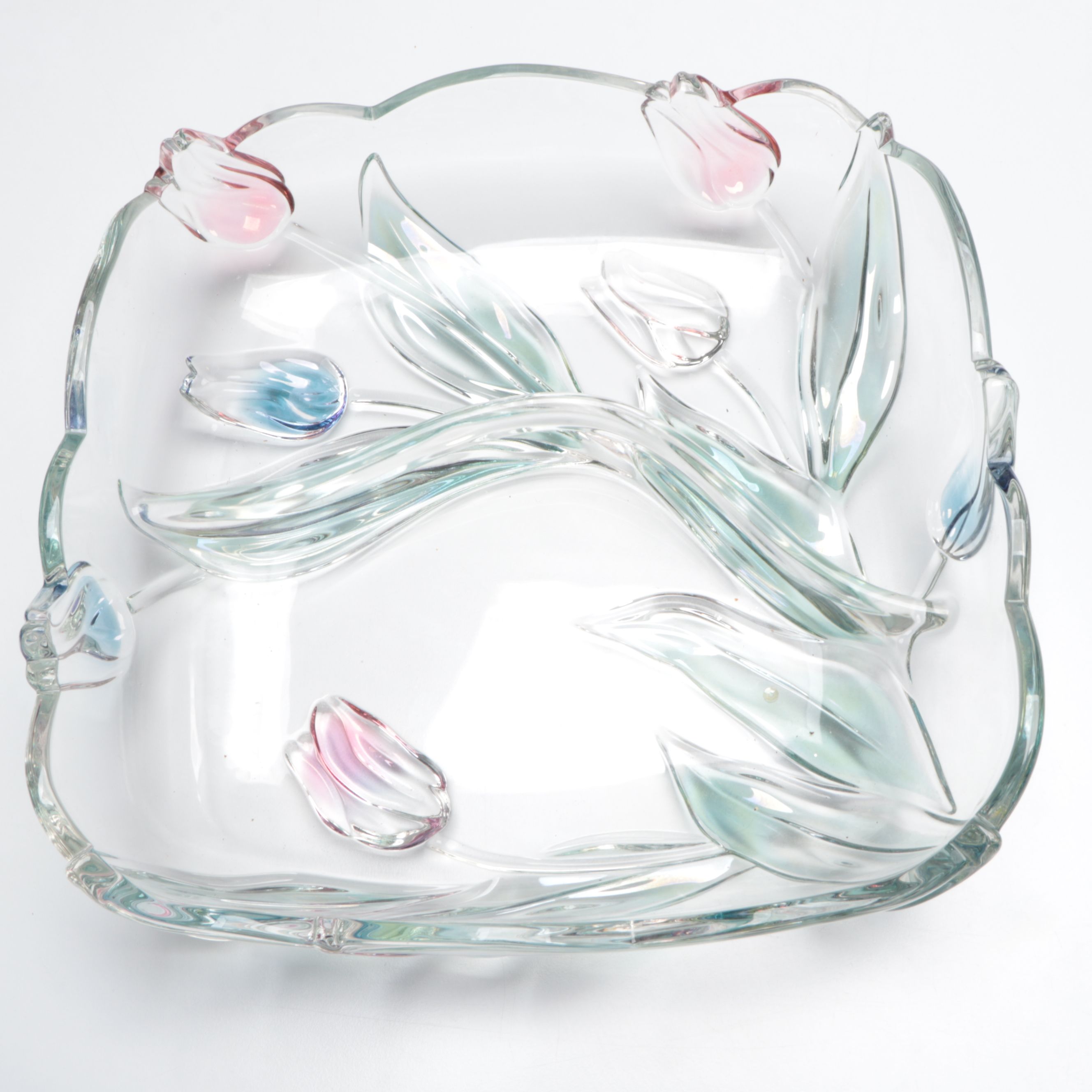 Iridescent and Other Twisted Stem Glass Champagne Flutes with Floral Bowl