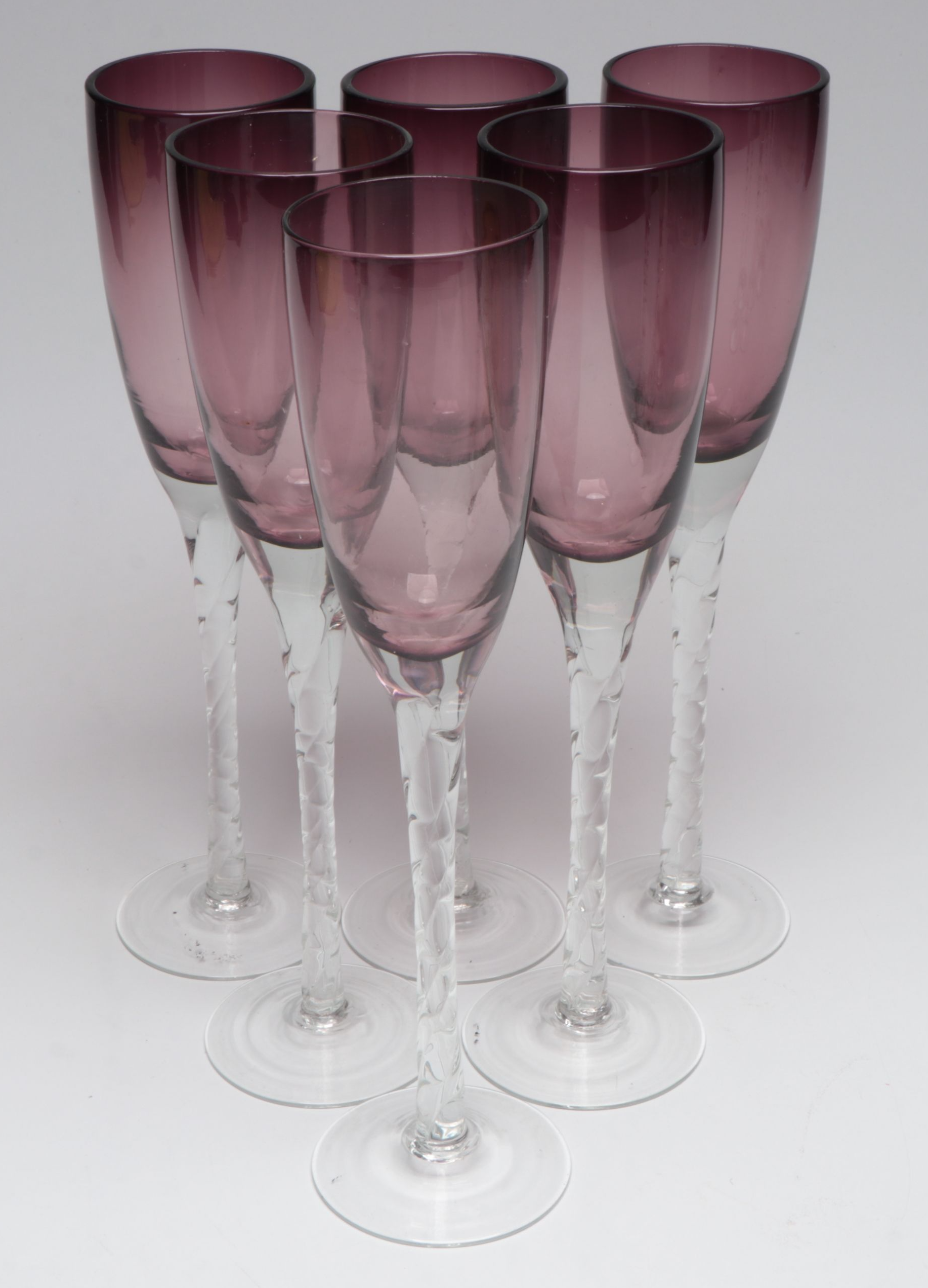 Iridescent and Other Twisted Stem Glass Champagne Flutes with Floral Bowl