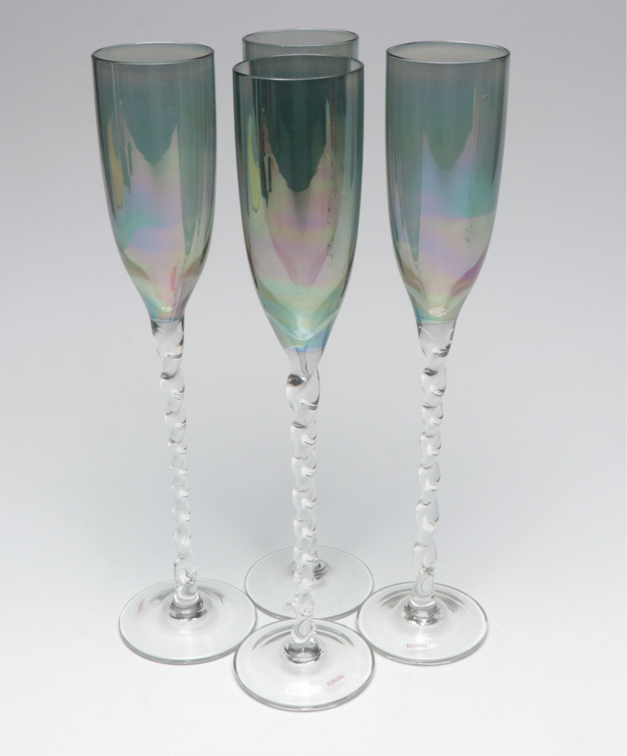 Iridescent and Other Twisted Stem Glass Champagne Flutes with Floral Bowl