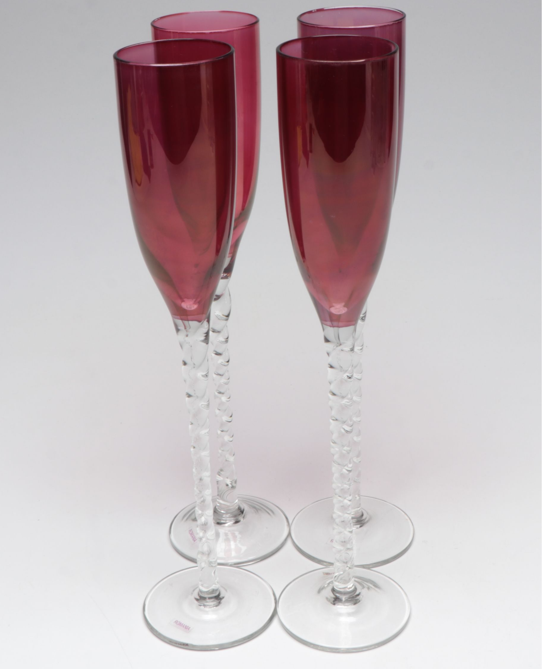 Iridescent and Other Twisted Stem Glass Champagne Flutes with Floral Bowl