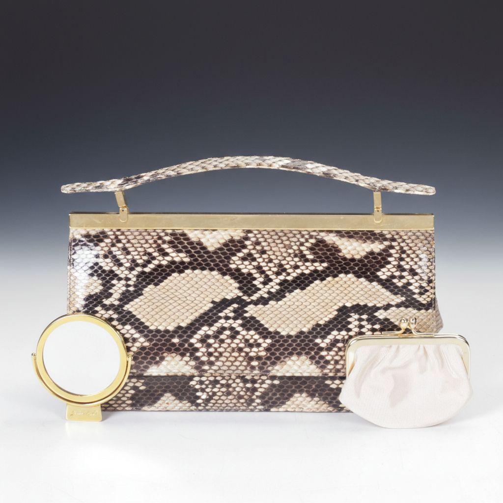 Judith Leiber Snakeskin Python Clutch Handbag with Compact Mirror and Coin Purse