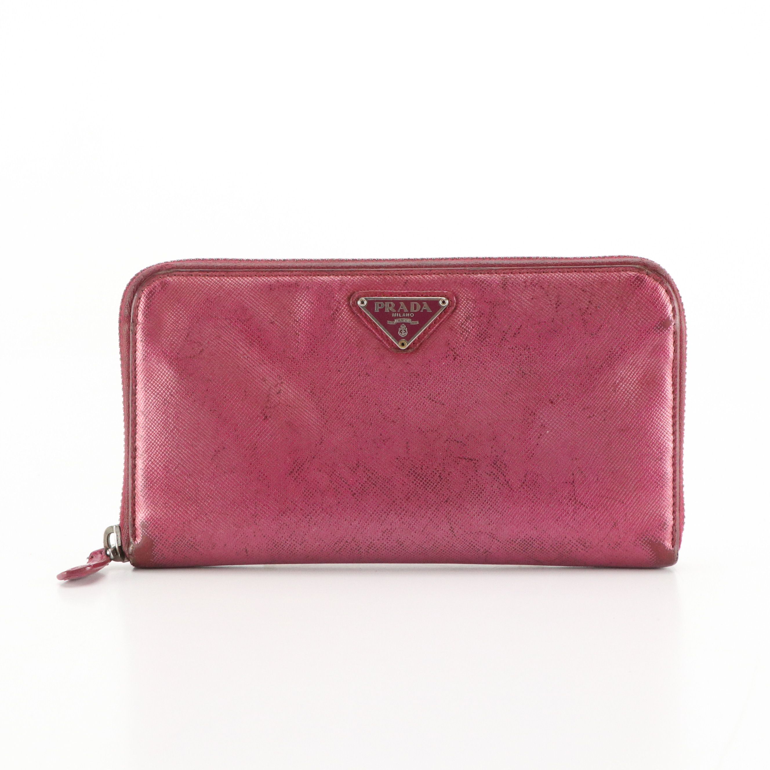 Prada Zip Around Wallet in Shiny Magenta Saffiano Leather