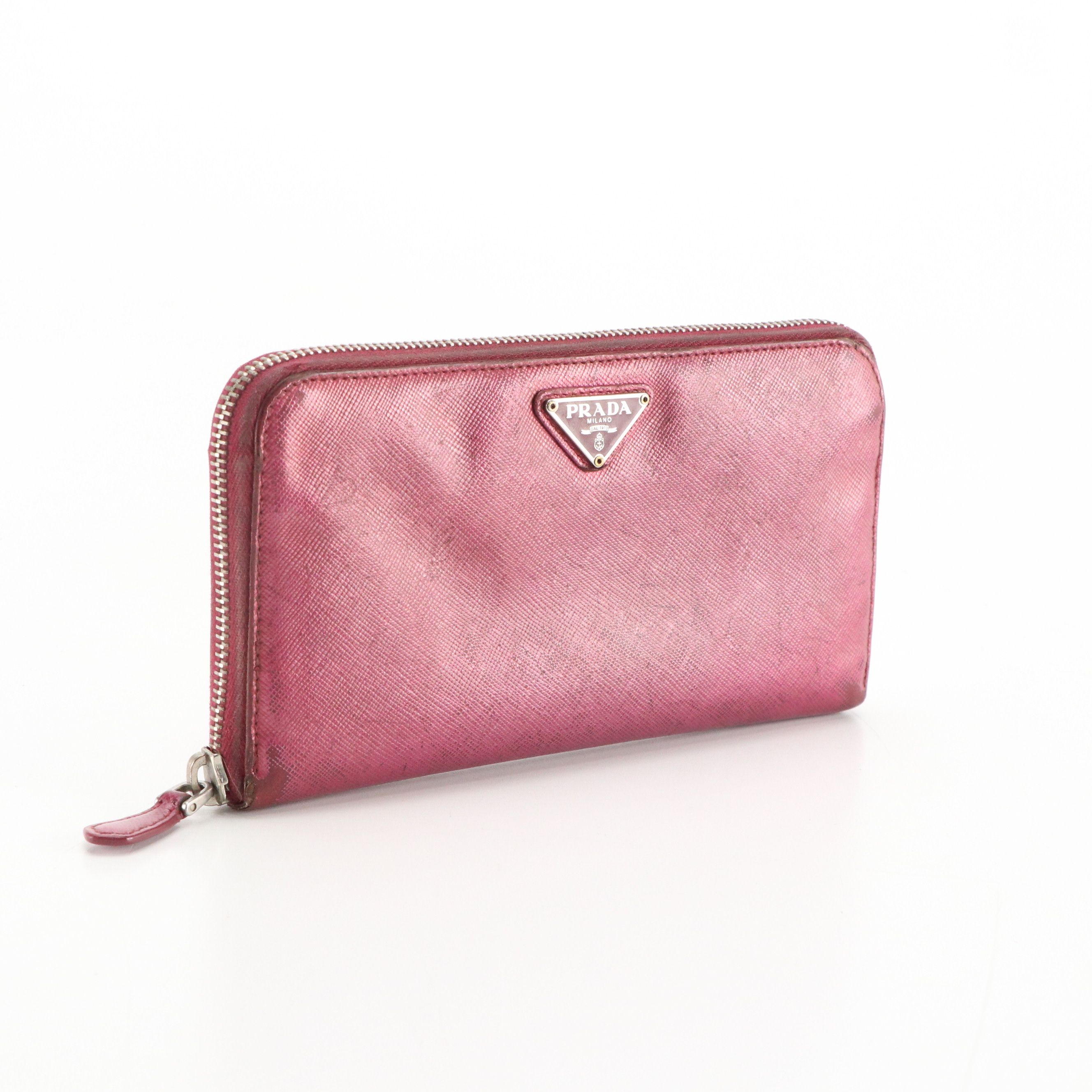 Prada Zip Around Wallet in Shiny Magenta Saffiano Leather