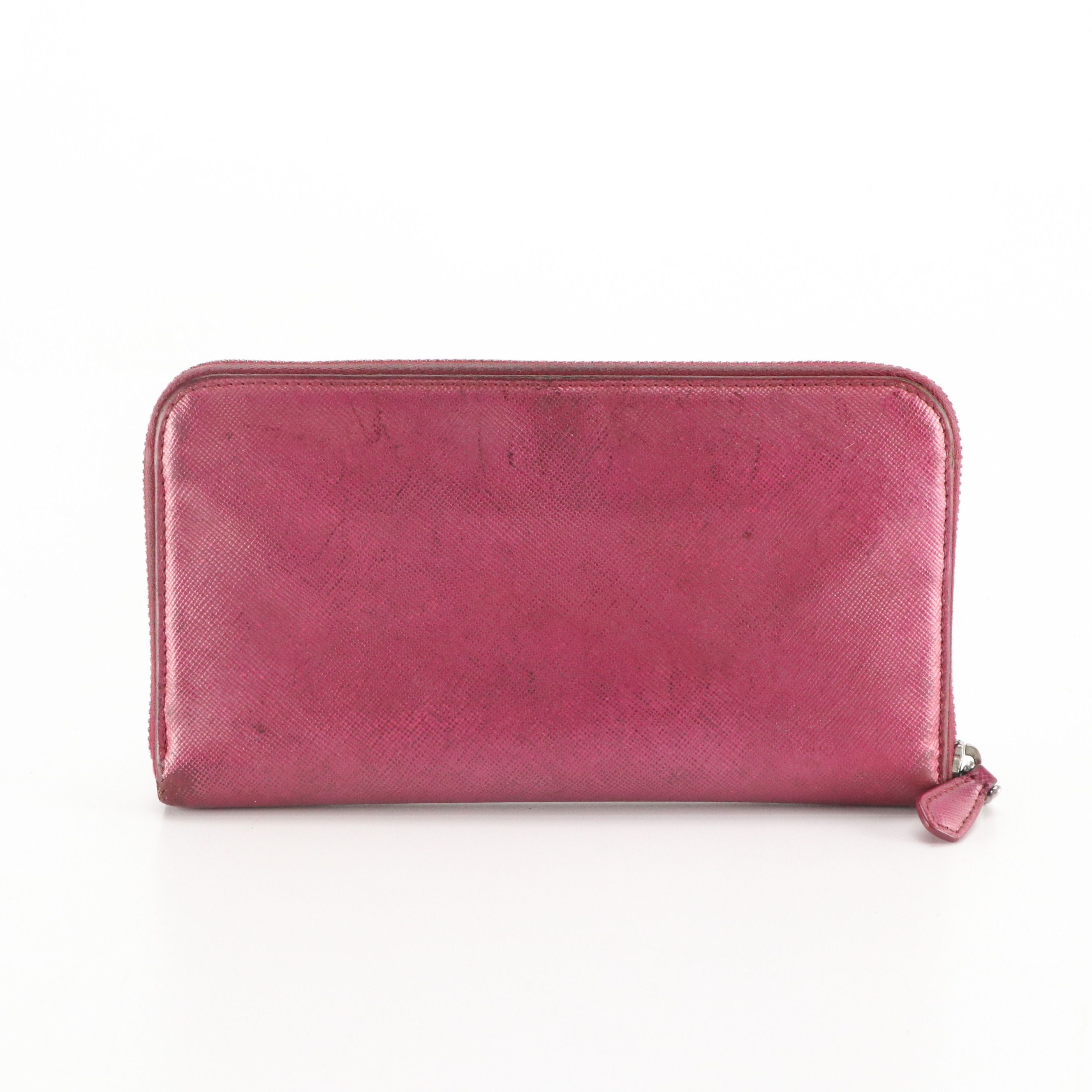 Prada Zip Around Wallet in Shiny Magenta Saffiano Leather