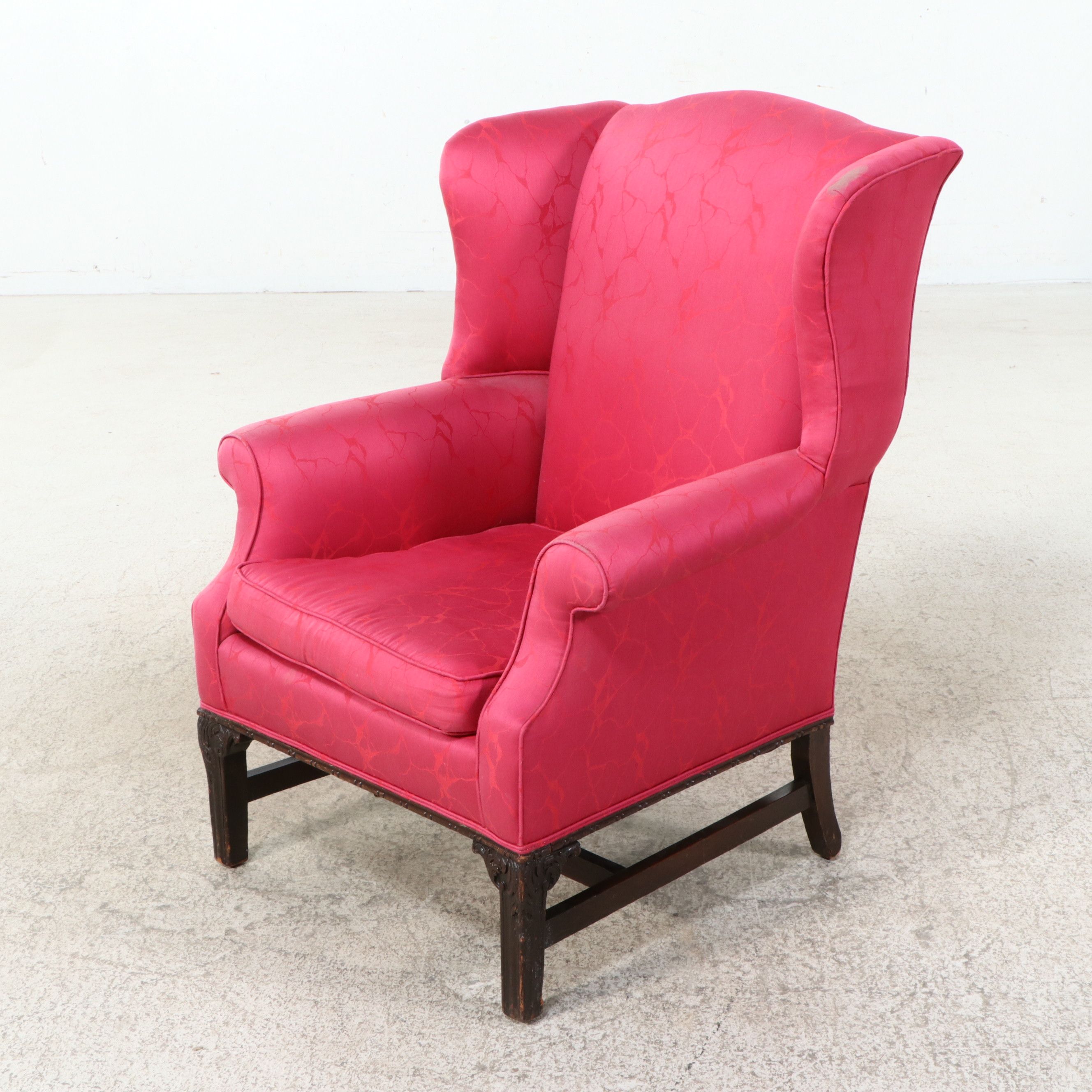 Chippendale Style Wingback Armchair in Pink Damask, 20th Century