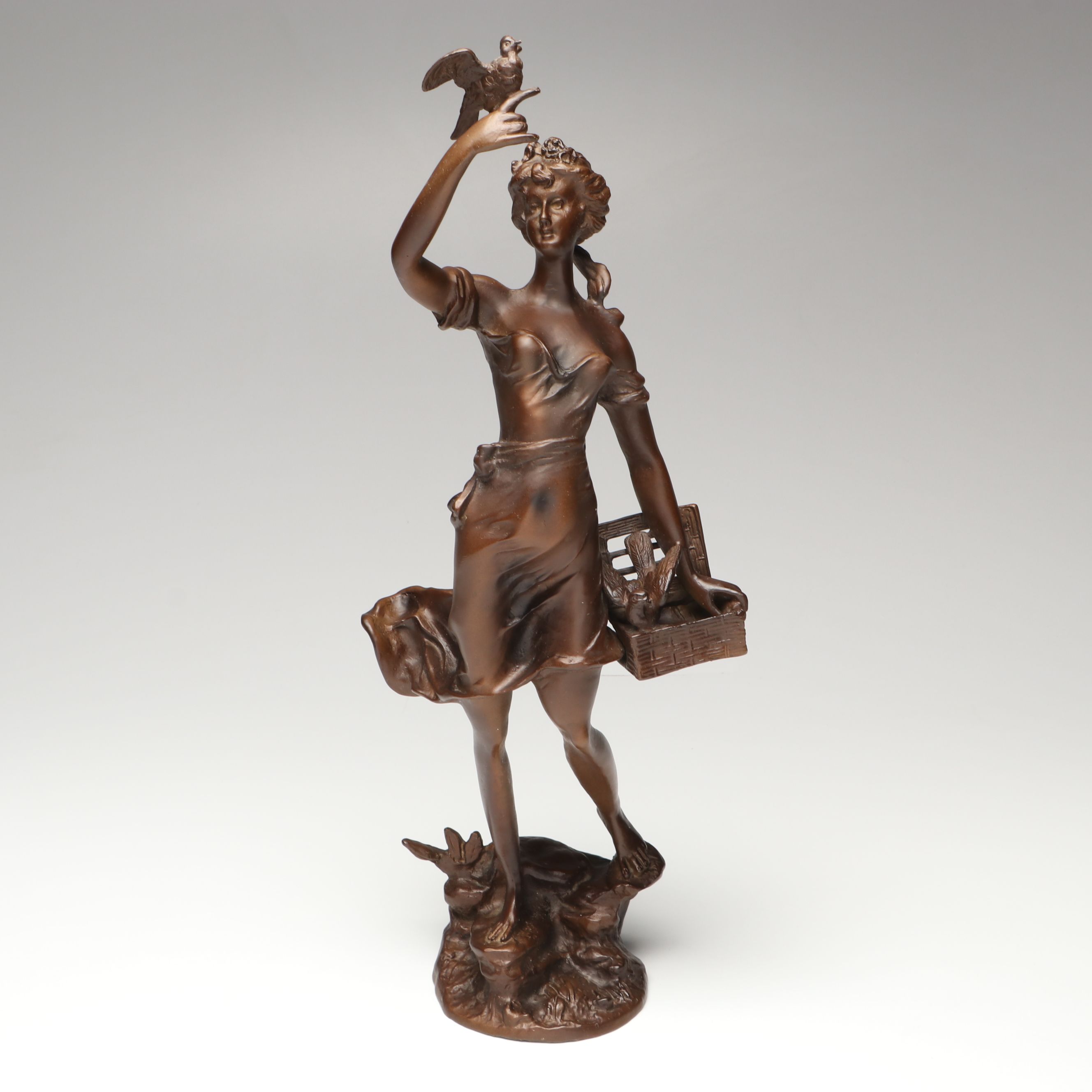 Art Nouveau Style Bronzed Spelter Girl with Birds After Émile Guillemin