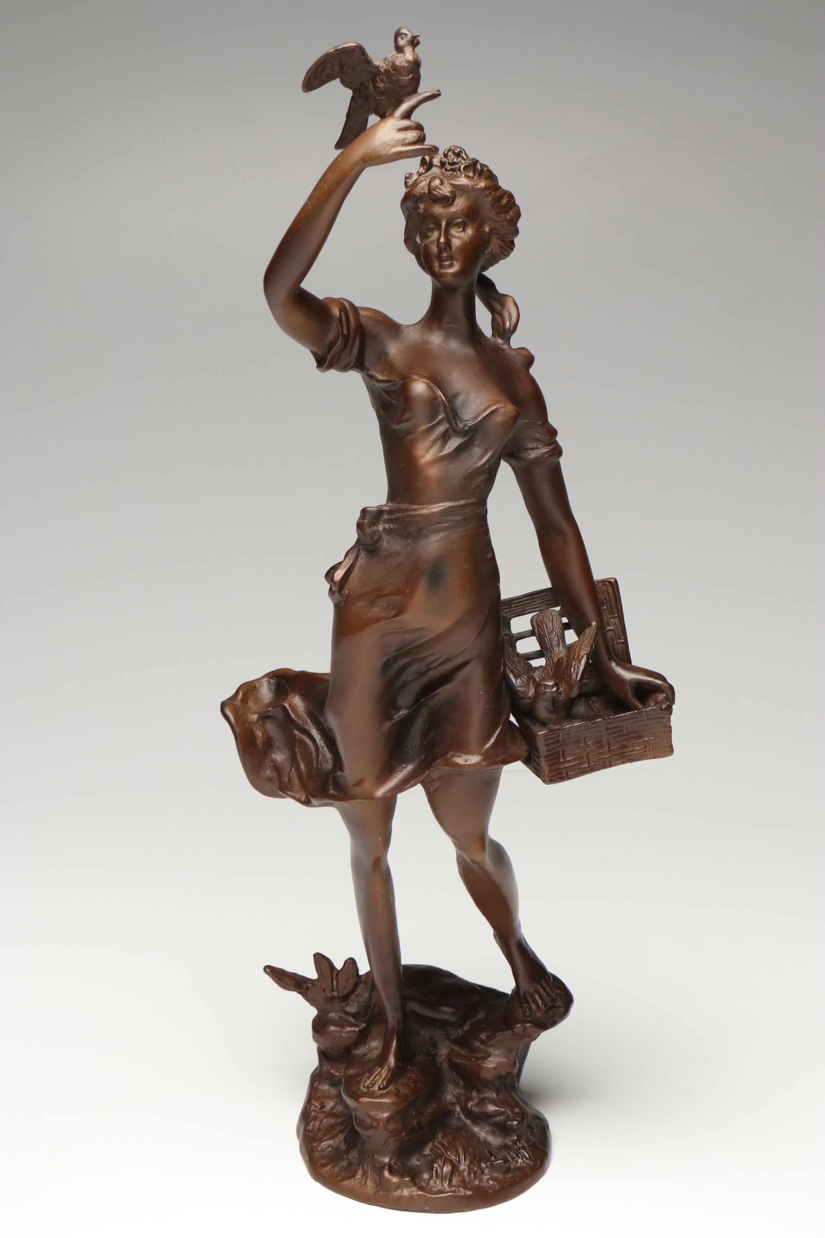 Art Nouveau Style Bronzed Spelter Girl with Birds After Émile Guillemin