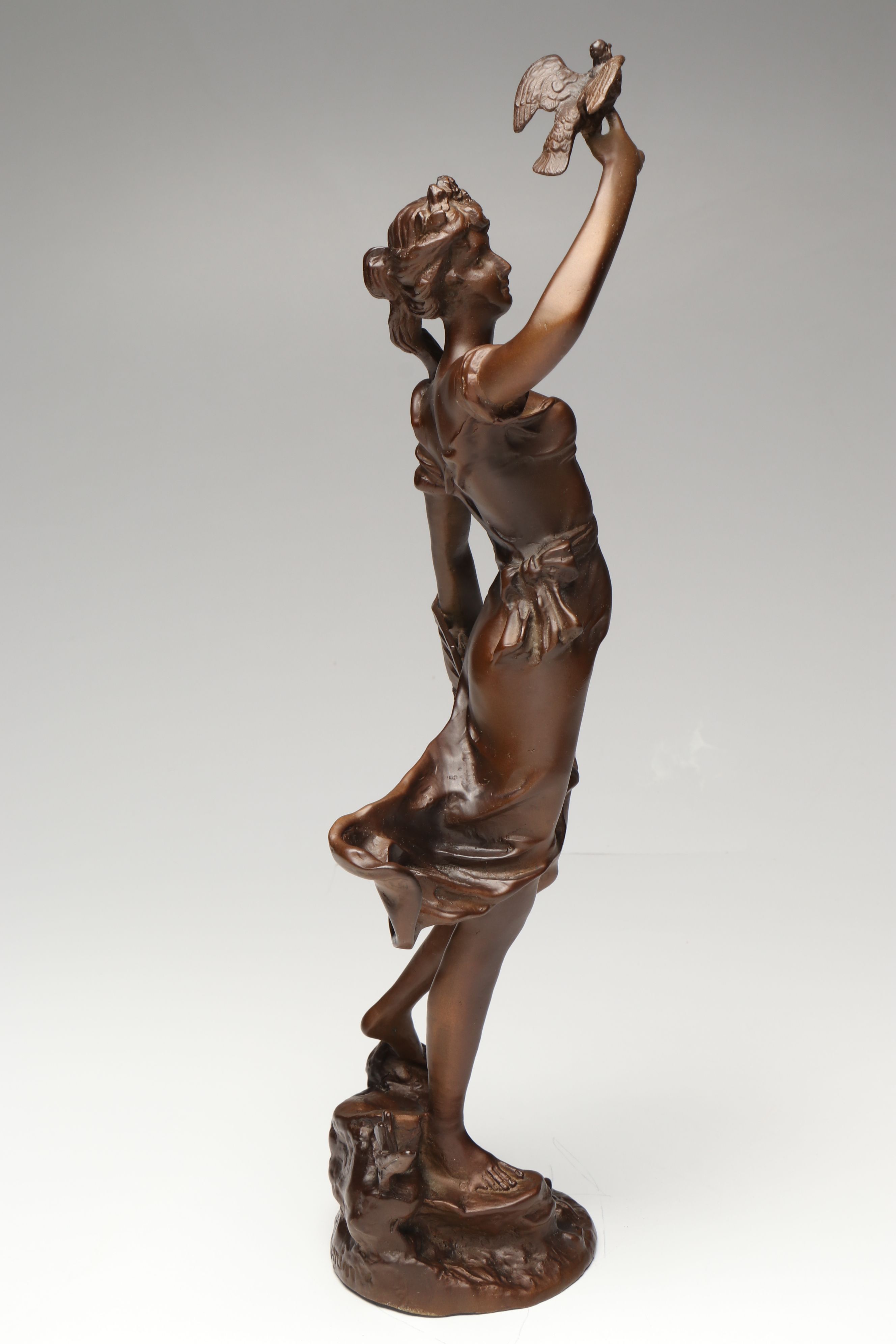 Art Nouveau Style Bronzed Spelter Girl with Birds After Émile Guillemin
