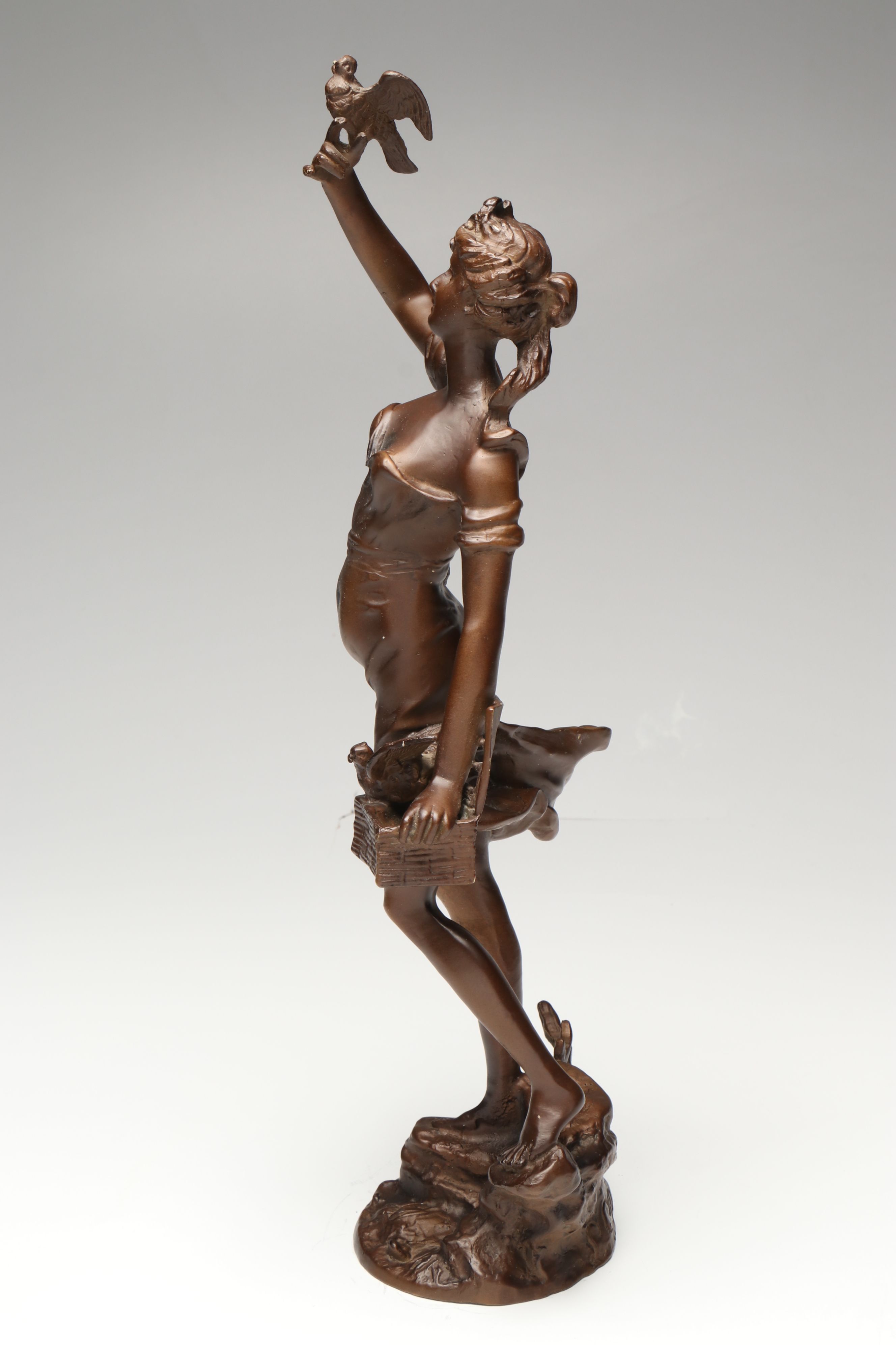 Art Nouveau Style Bronzed Spelter Girl with Birds After Émile Guillemin