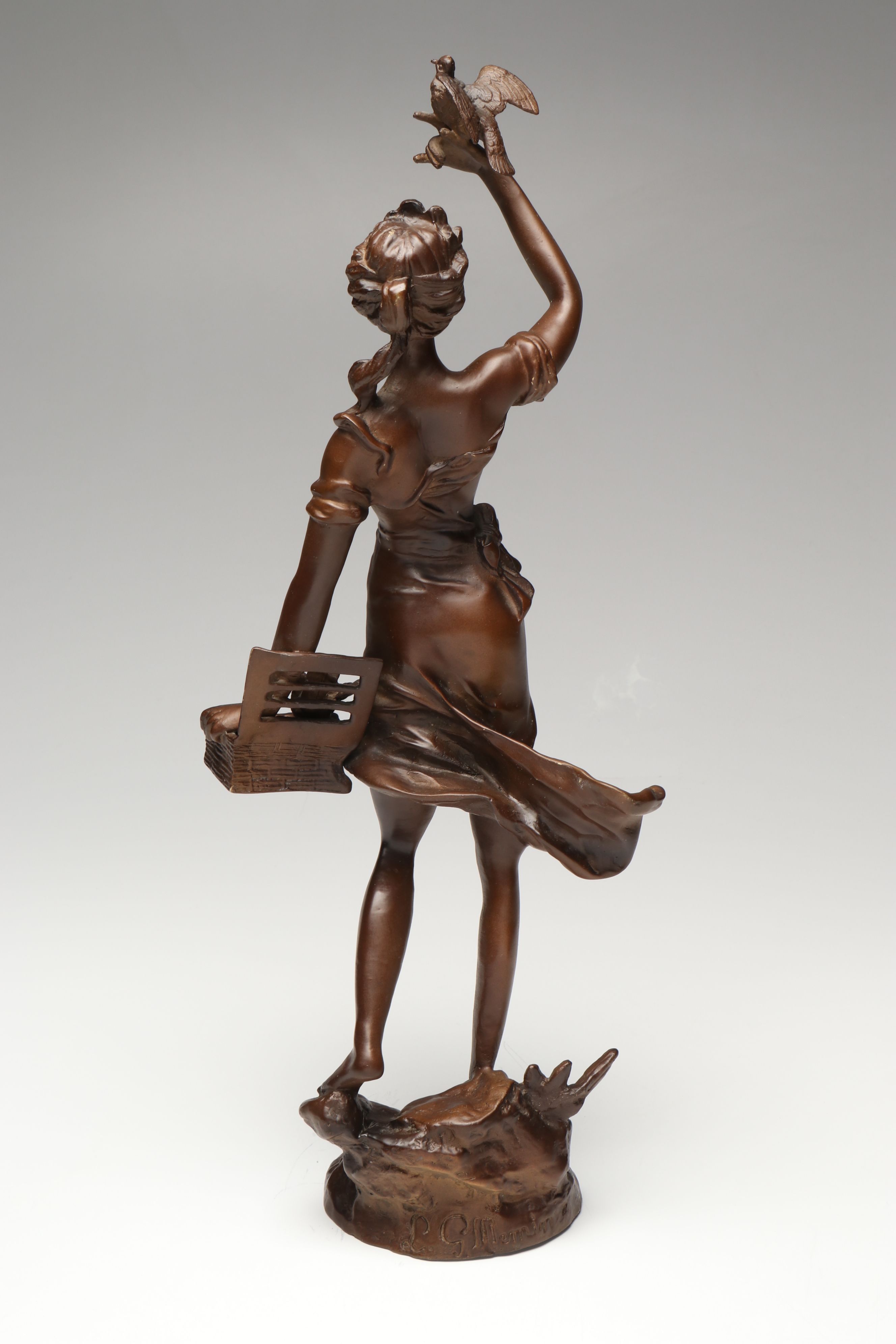Art Nouveau Style Bronzed Spelter Girl with Birds After Émile Guillemin