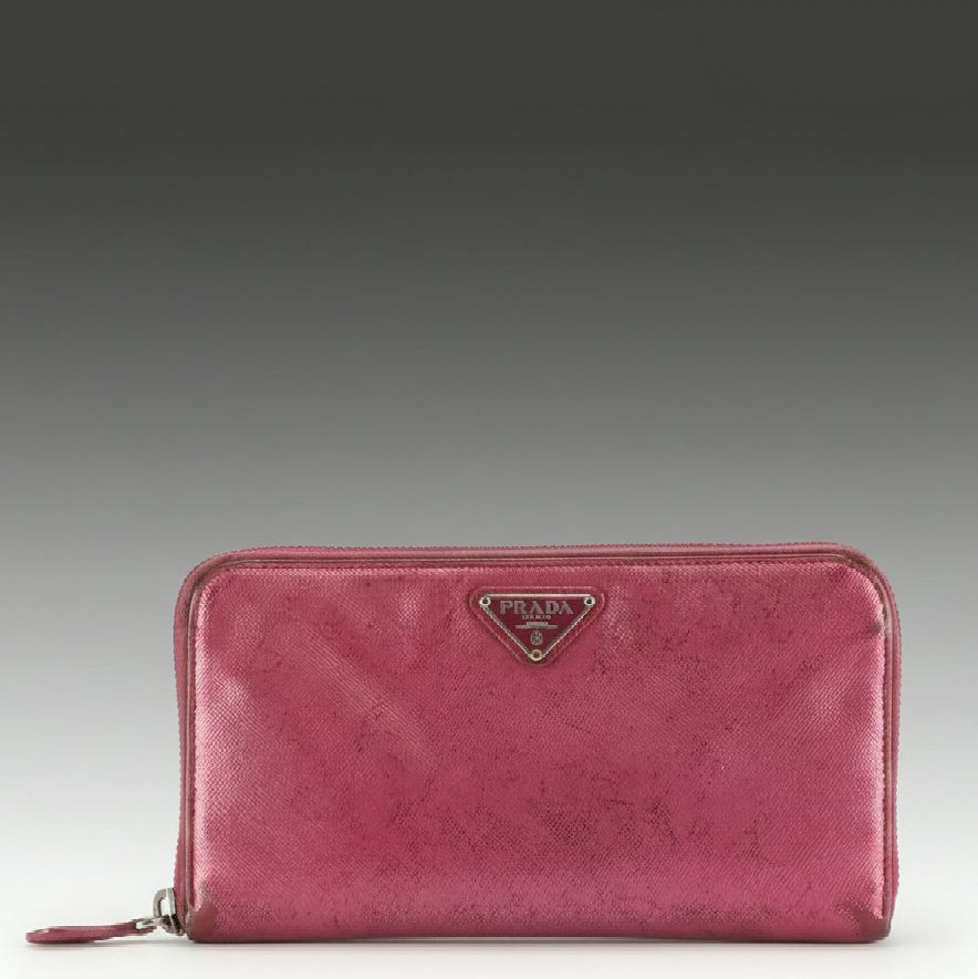 Prada Zip Around Wallet in Shiny Magenta Saffiano Leather