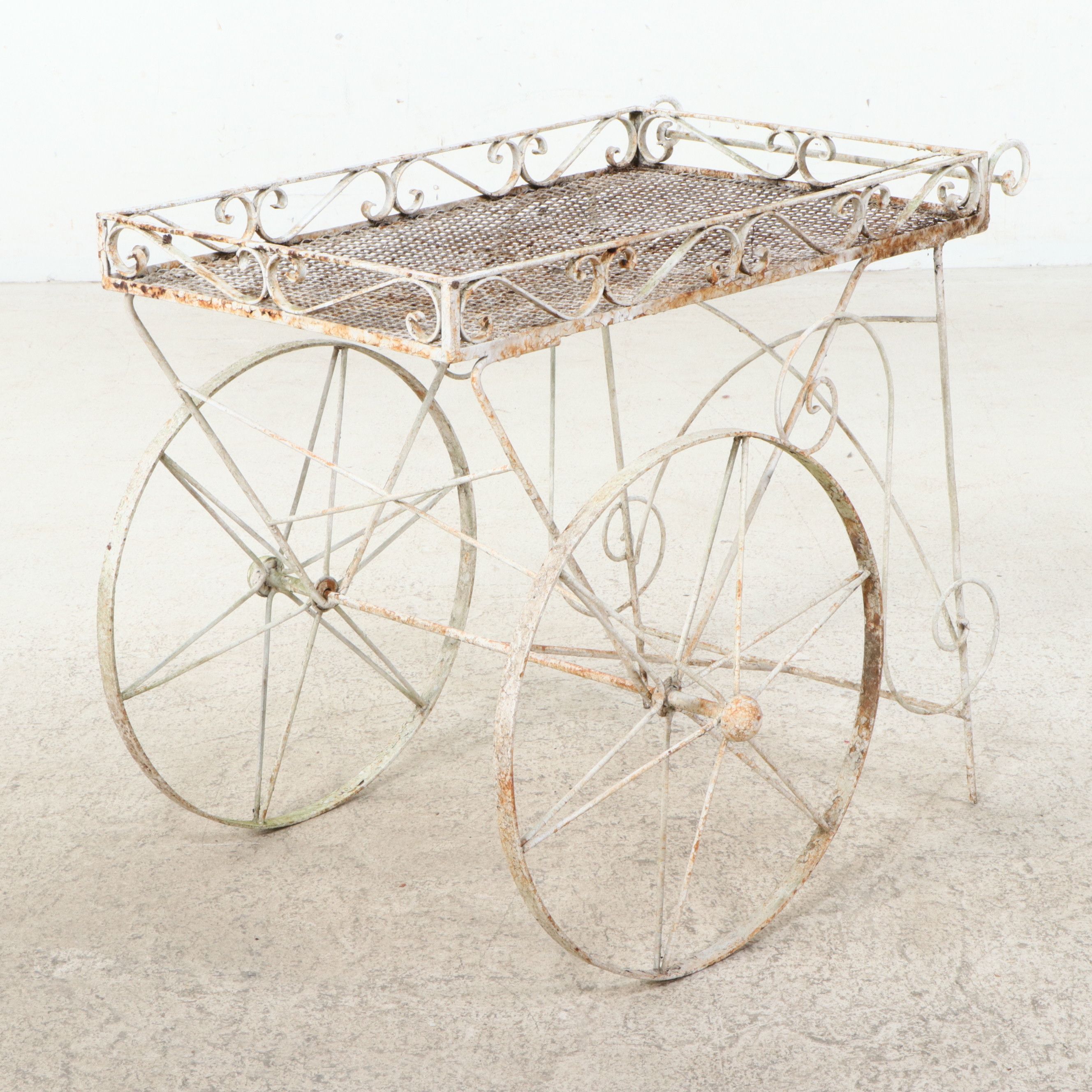 Vintage White Painted Wrought Iron Garden Tea Cart, Mid-20th Century
