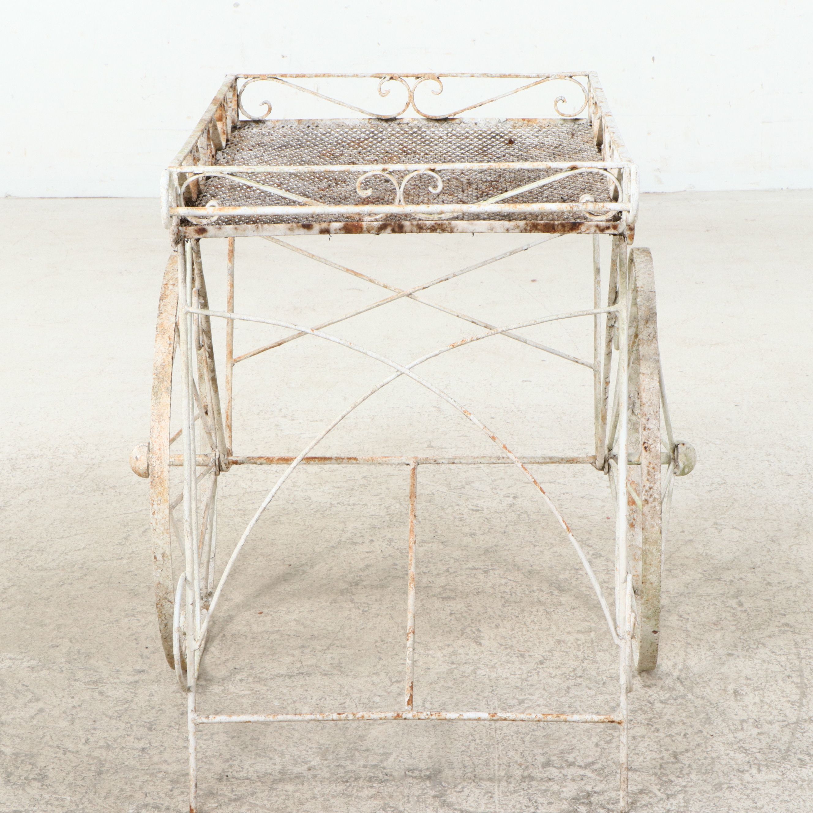 Vintage White Painted Wrought Iron Garden Tea Cart, Mid-20th Century