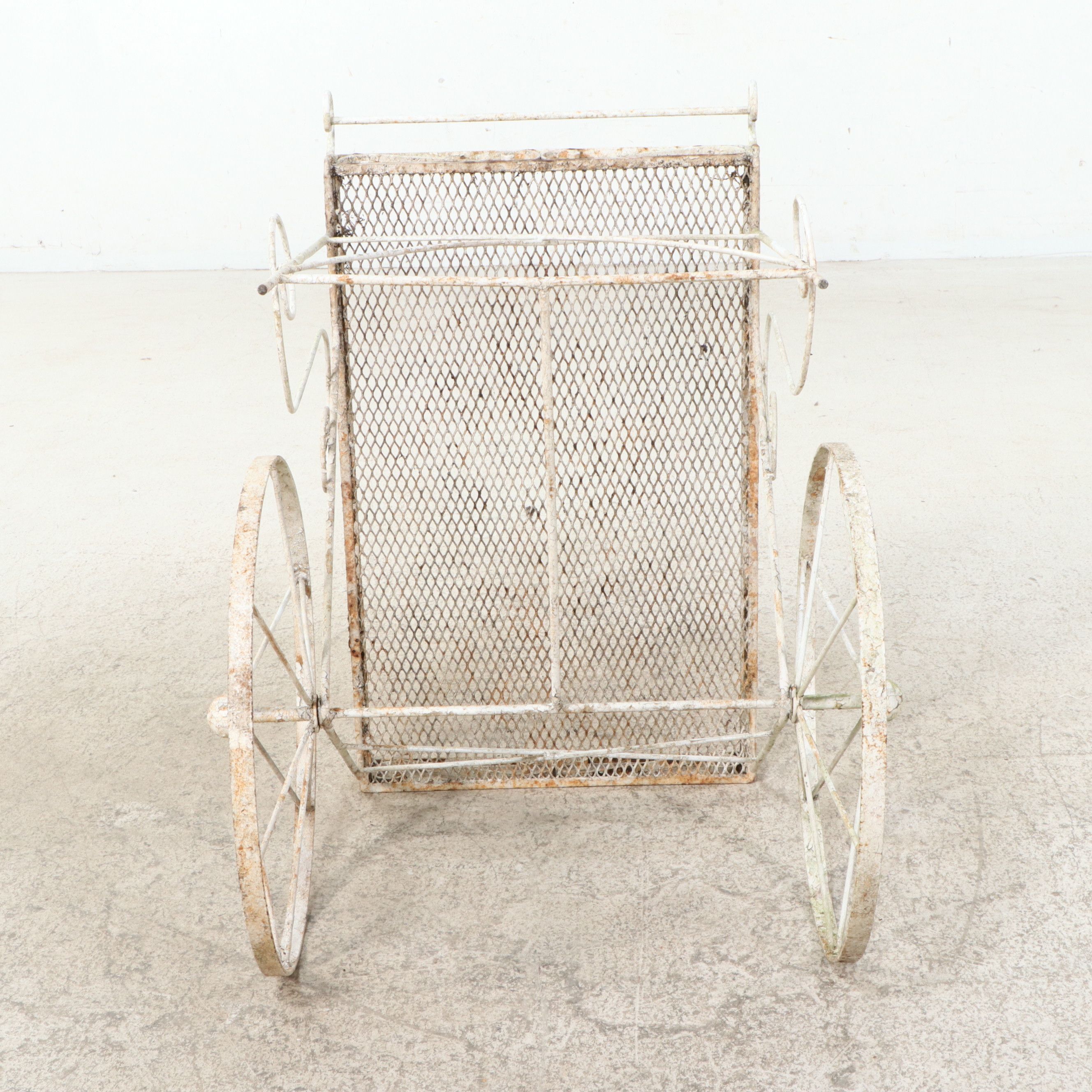 Vintage White Painted Wrought Iron Garden Tea Cart, Mid-20th Century