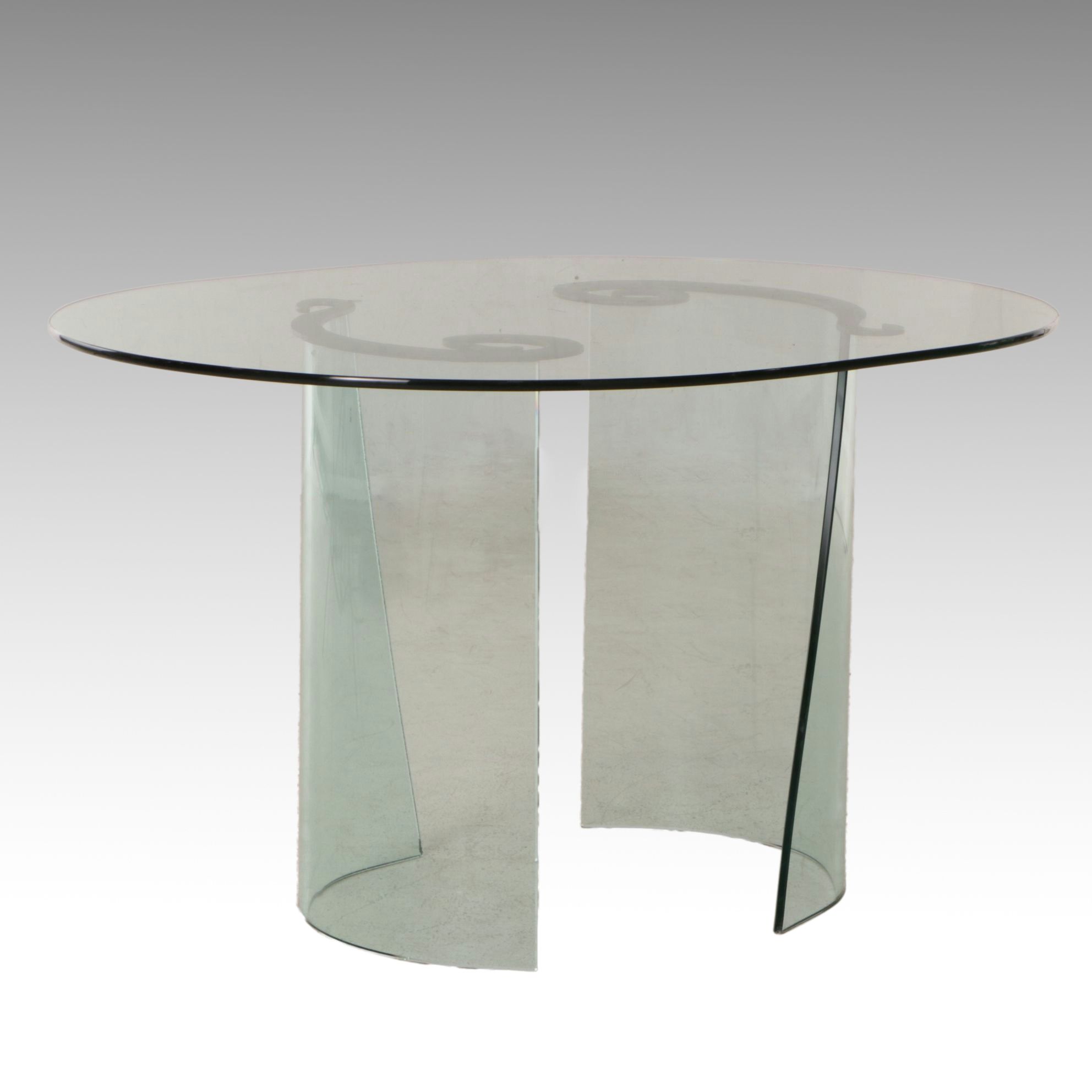 Modernist Glass Oval DiningTable with Patinated Metal Scroll Details