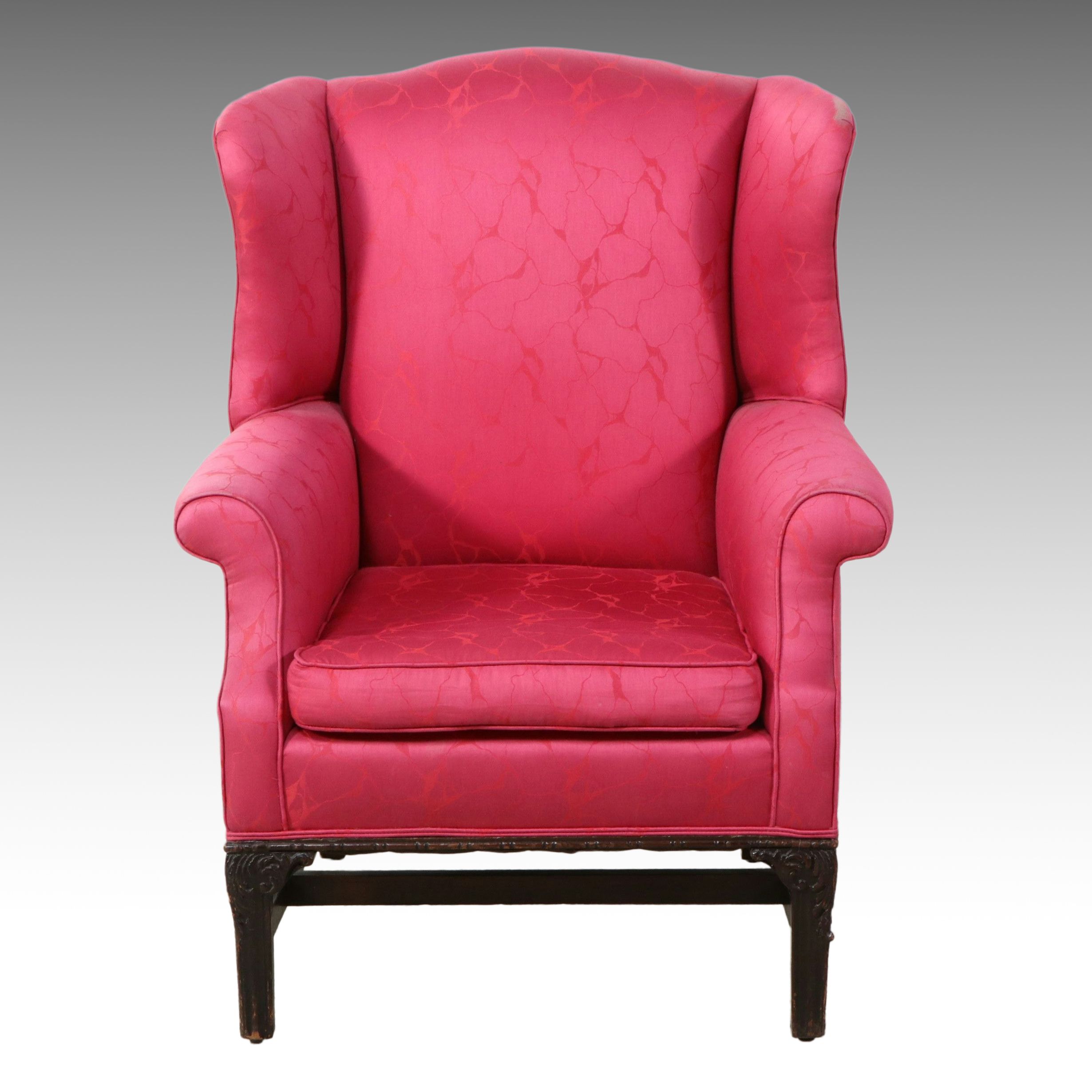 Chippendale Style Wingback Armchair in Pink Damask, 20th Century