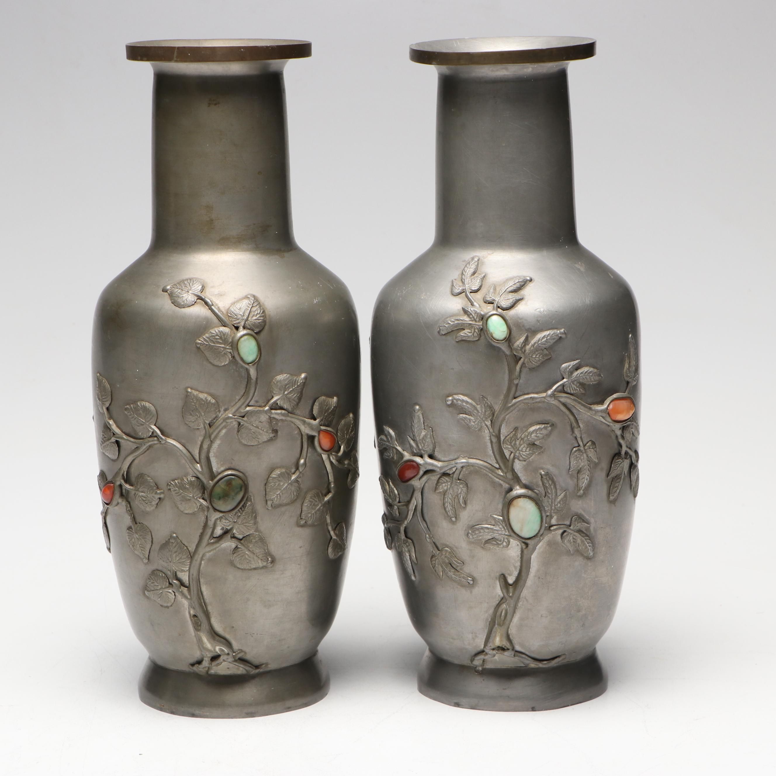 Chinese Embossed Tree Pewter Vases with Inlaid Jadeite and Carnelian
