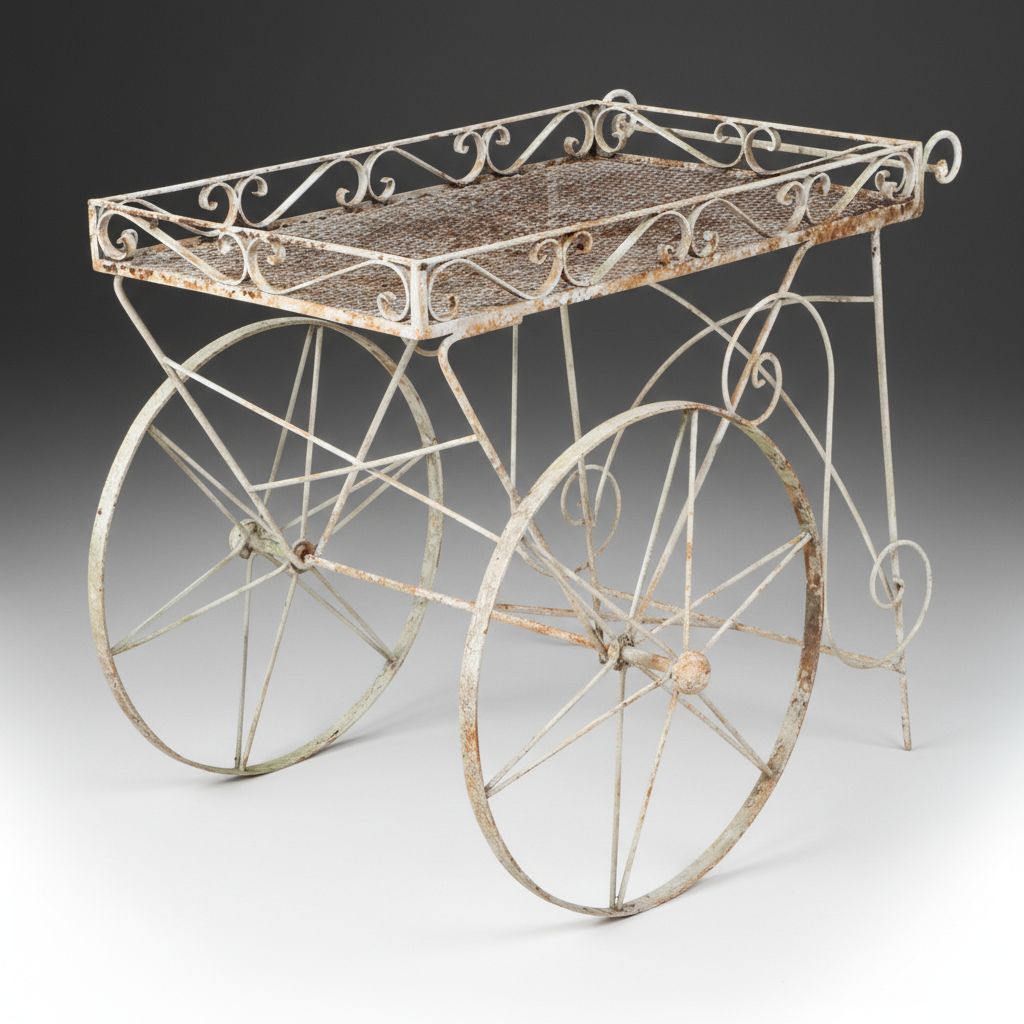 Vintage White Painted Wrought Iron Garden Tea Cart, Mid-20th Century