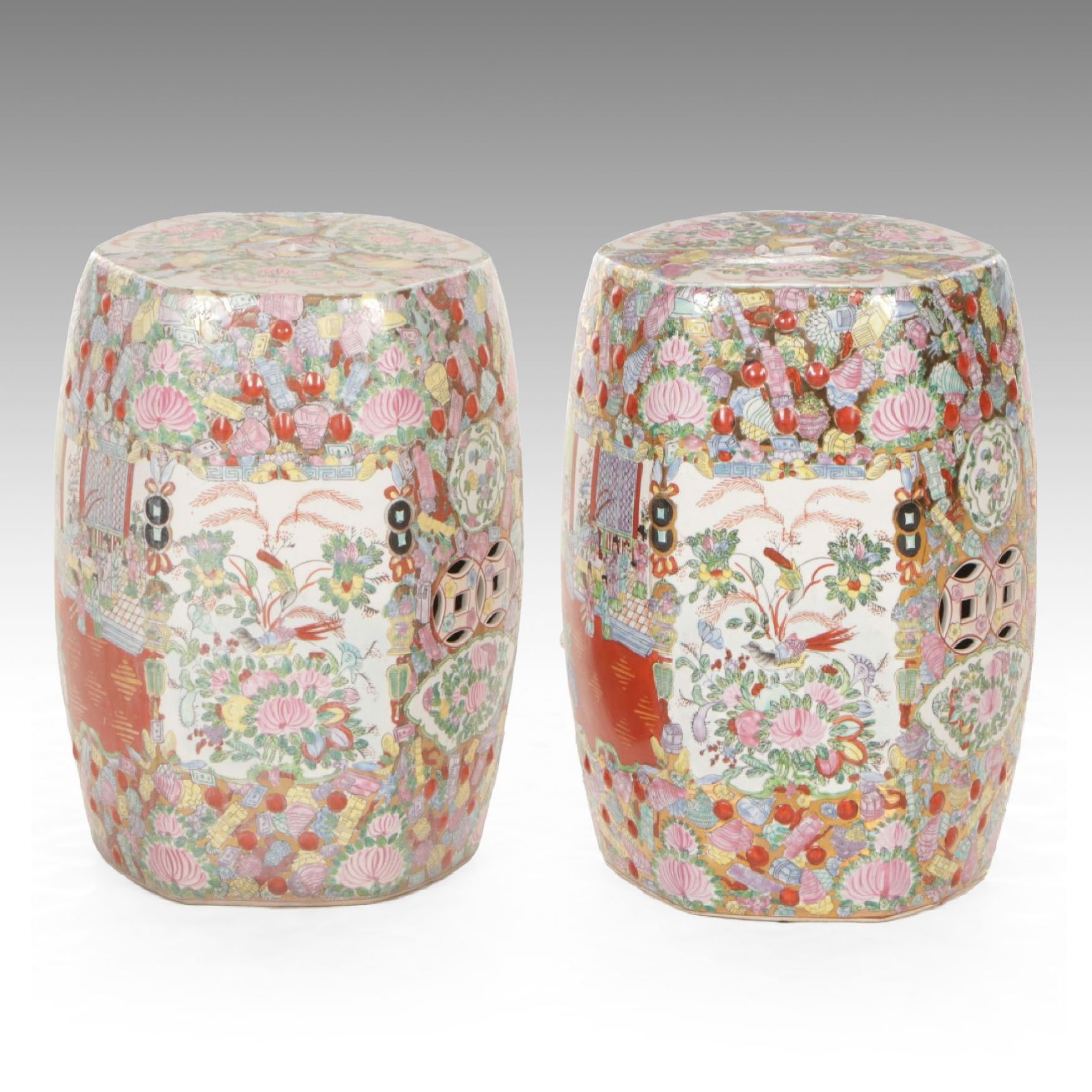 Hand-Painted Famille Rose Hexagon Garden Stools