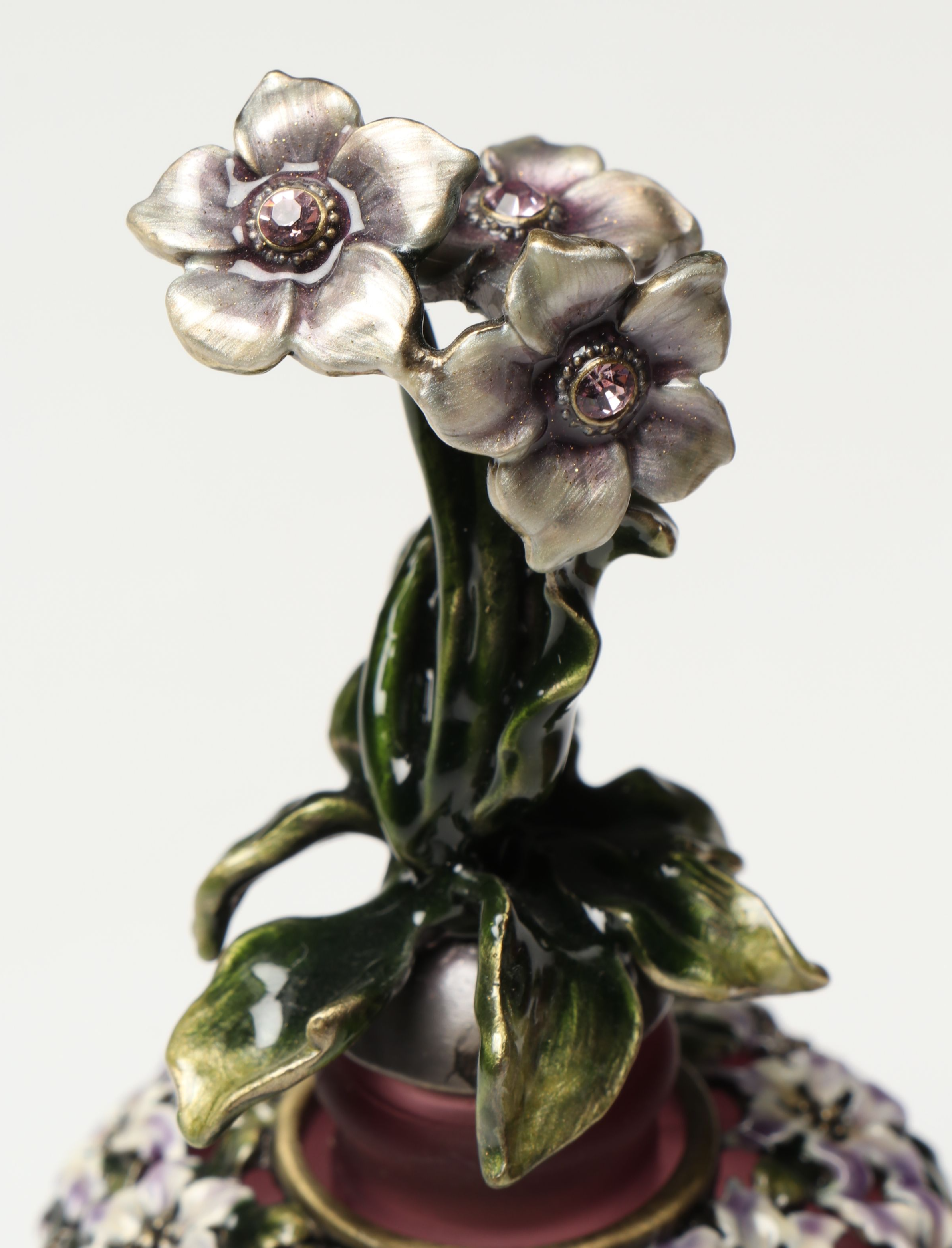 Purple and Cranberry Perfume Bottles with Floral and Hummingbird Finials