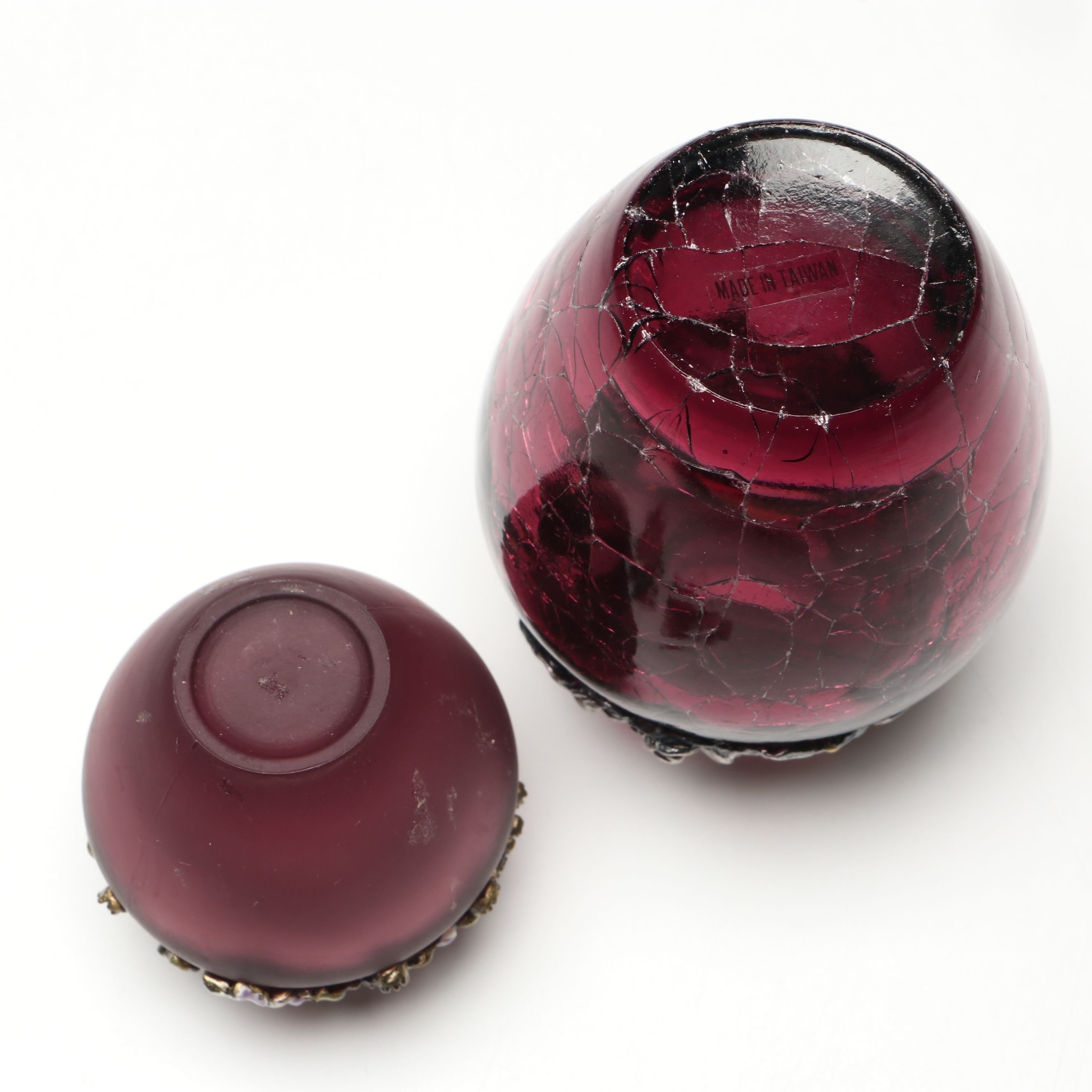 Purple and Cranberry Perfume Bottles with Floral and Hummingbird Finials