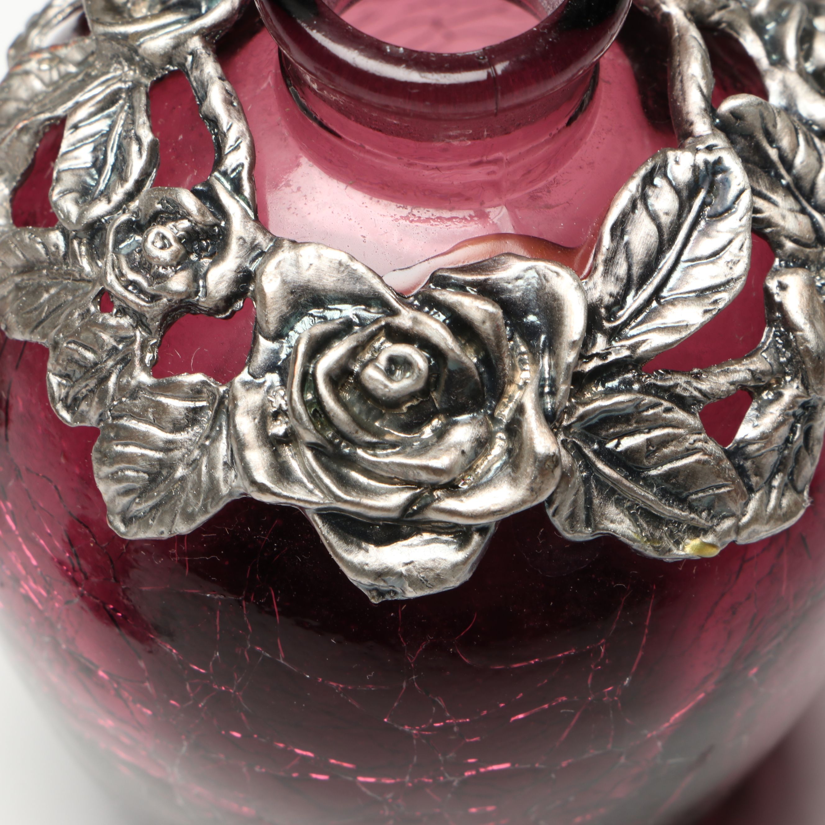 Purple and Cranberry Perfume Bottles with Floral and Hummingbird Finials