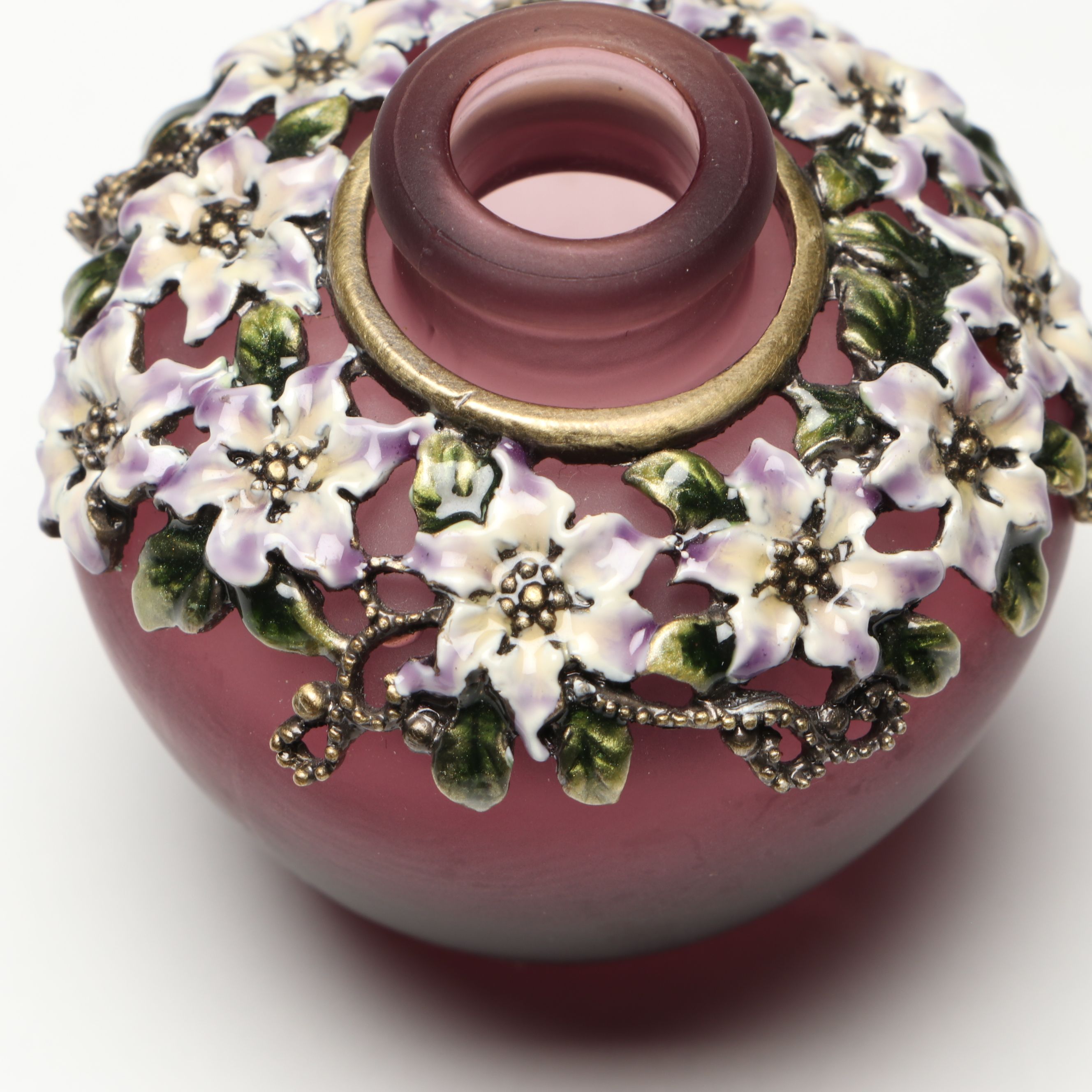 Purple and Cranberry Perfume Bottles with Floral and Hummingbird Finials