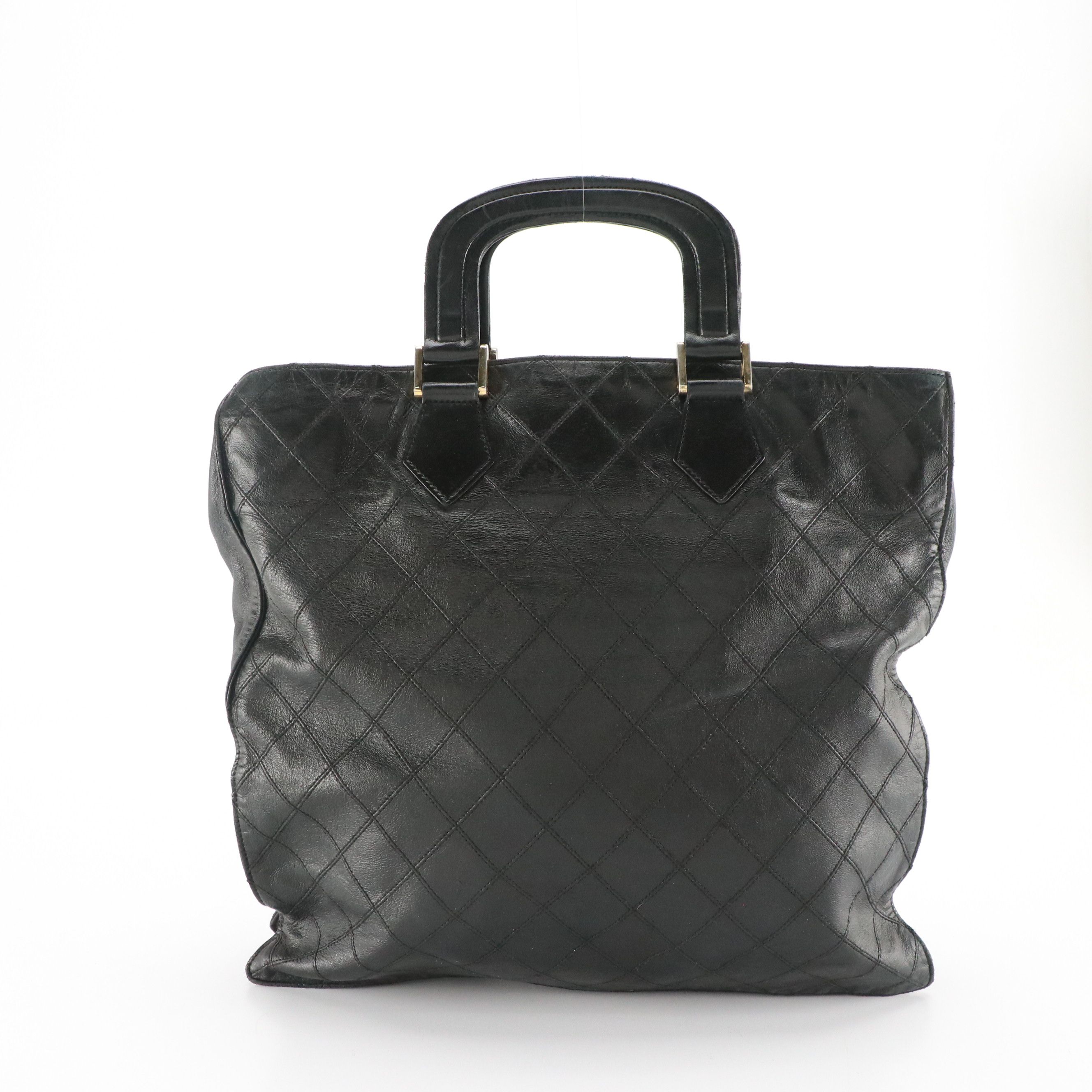 Chanel Vintage Top Handle Bag in Black Diamond-Stitched Lambskin Leather