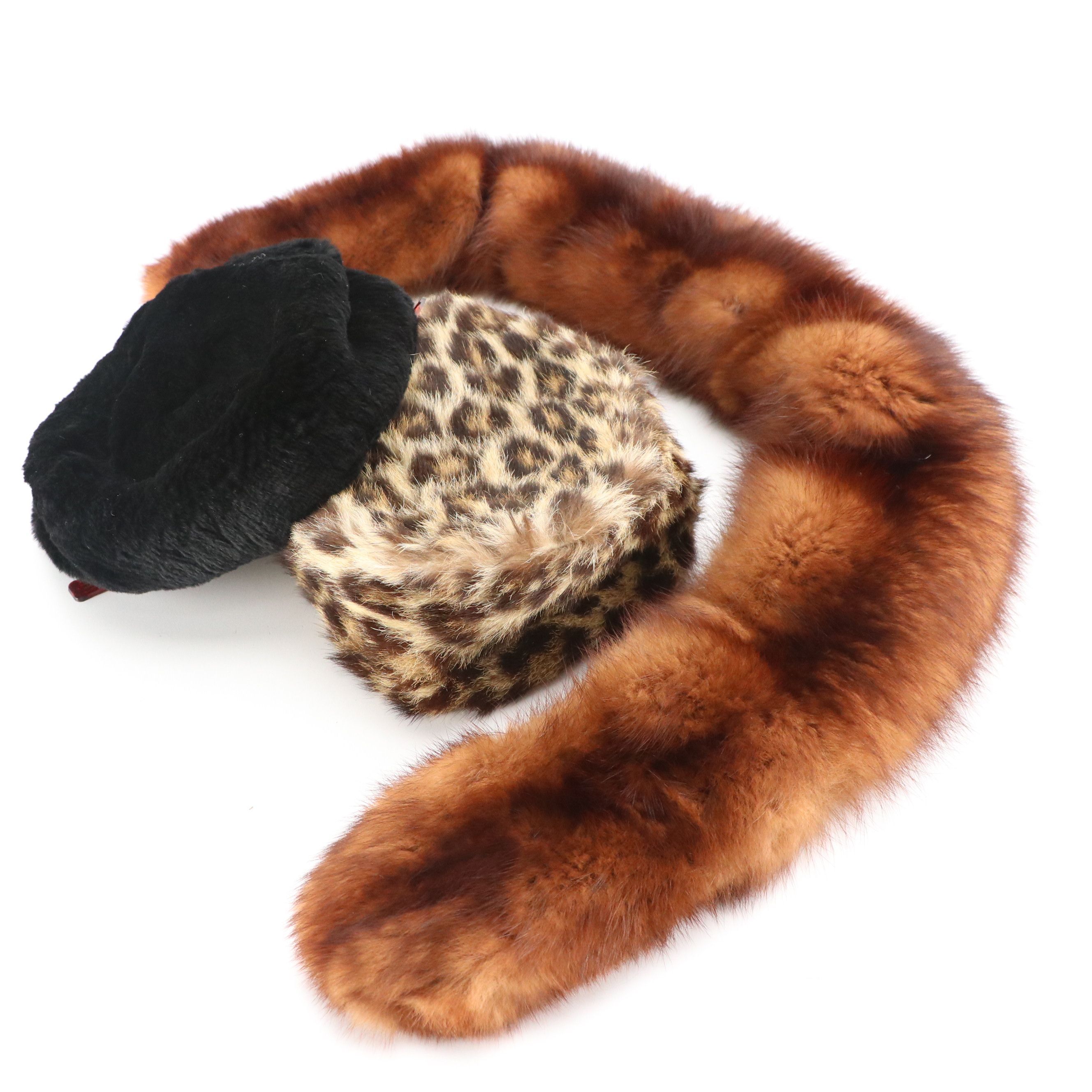 I. Magnin Vintage Sheared Rabbit Fur Hat, Other Mink Collar, Faux Leopard Hat