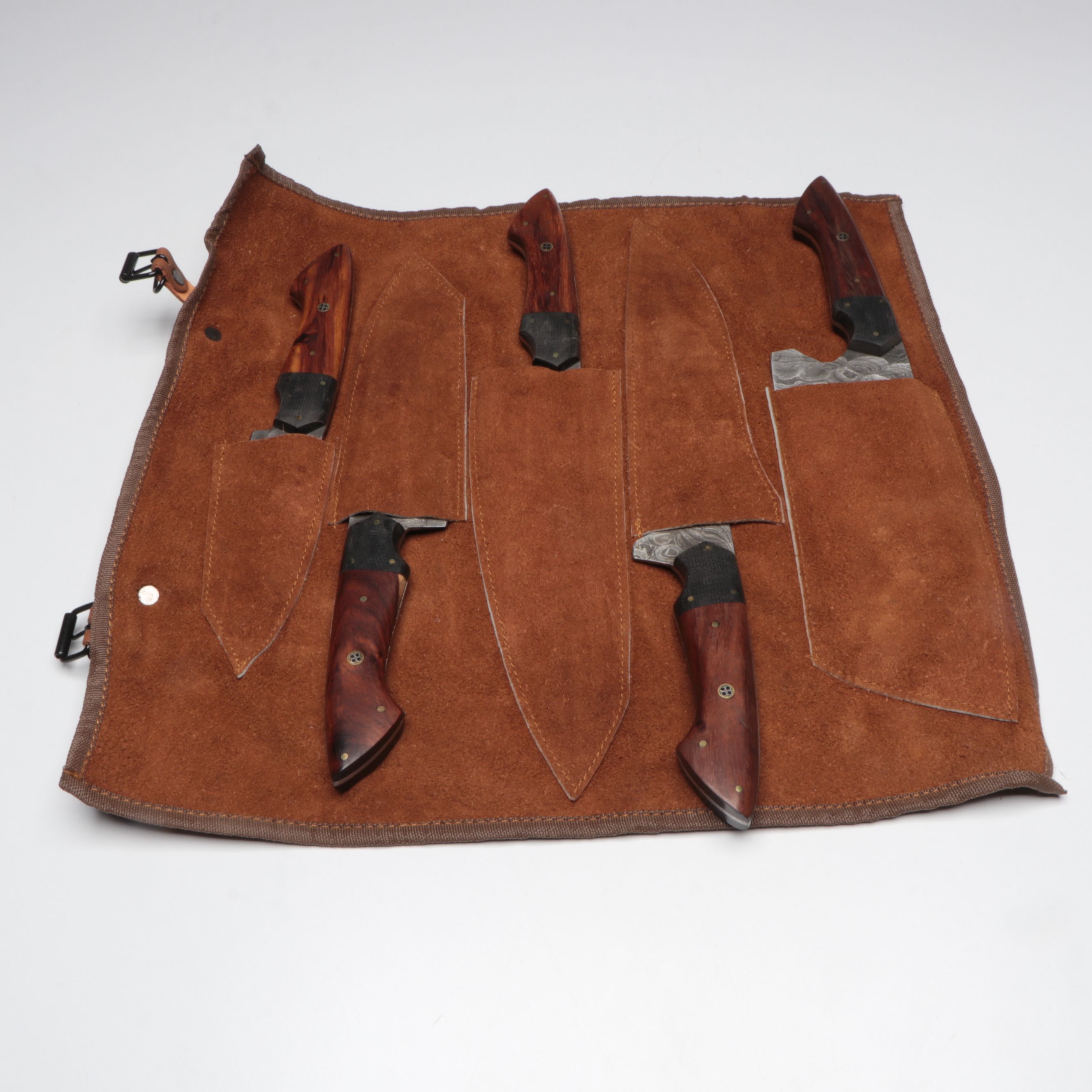 Damascus Steel and Wood Handle Chef's Knife Set in Suede Leather Roll