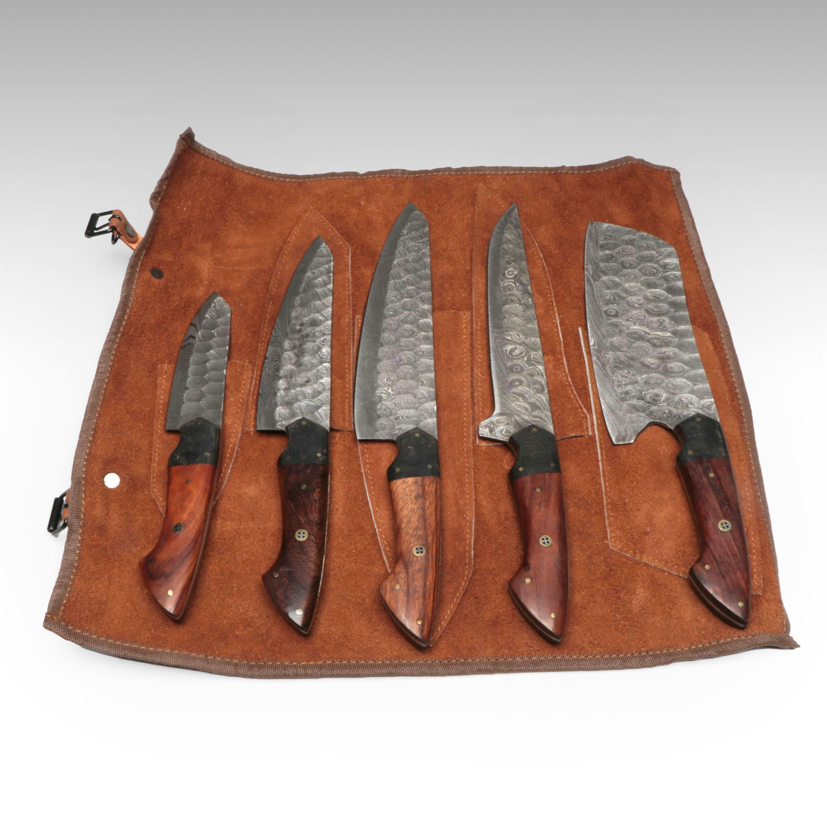 Damascus Steel and Wood Handle Chef's Knife Set in Suede Leather Roll