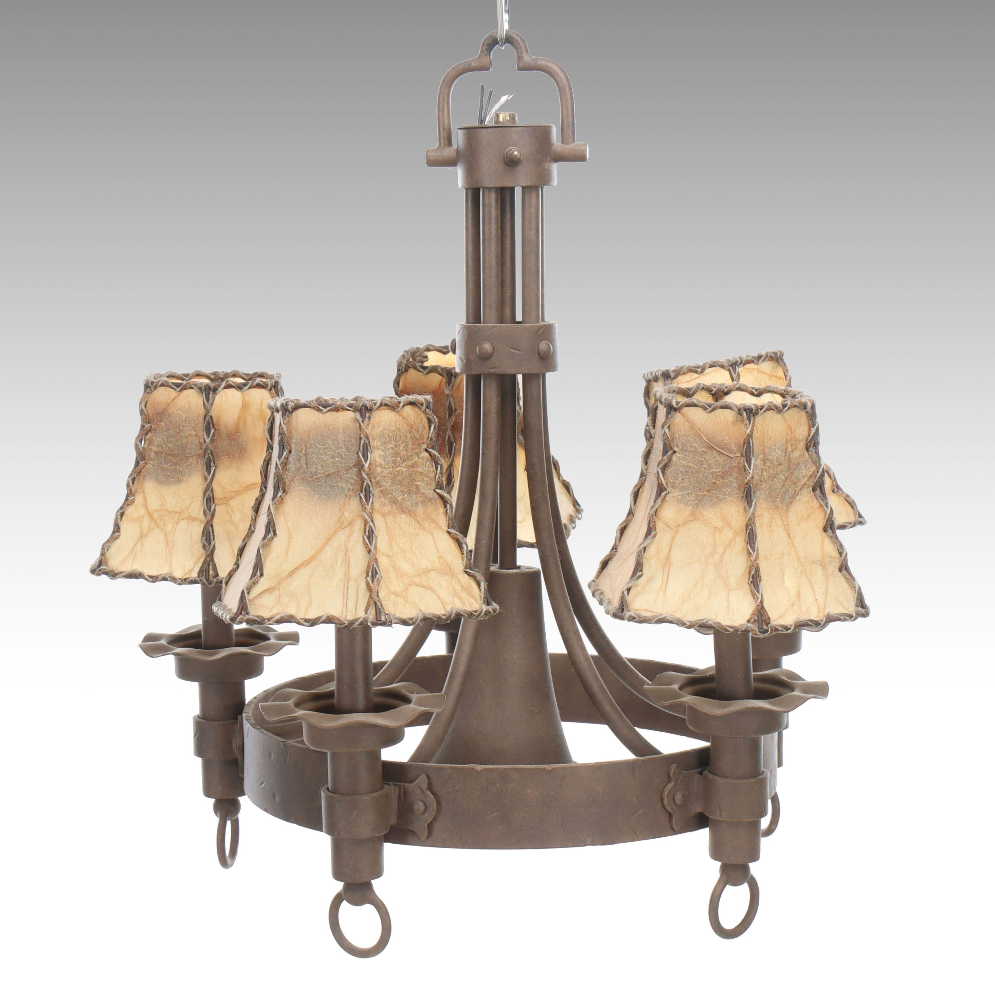 Rustic Mediterranean Style Chandelier with Hide-Covered Shades