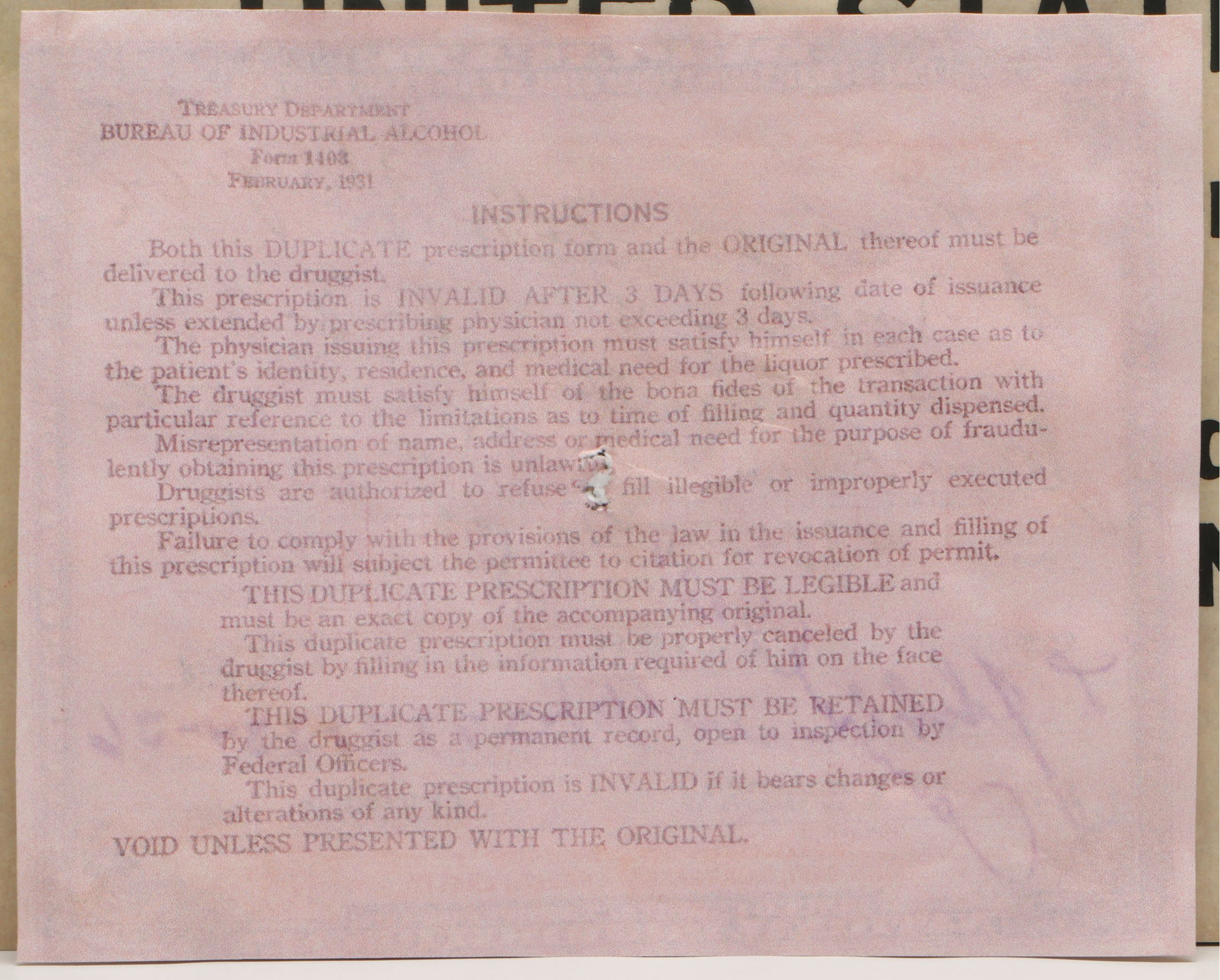 Prohibition Style Whisky Prescription Form with Reproduction Sign